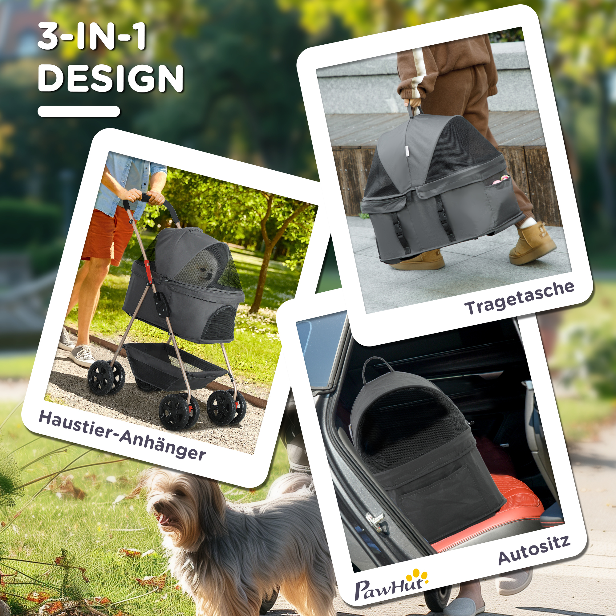 3-in-1-Haustierkinderwagen, zusammenklappbarer Hundewagen mit 4 Rädern und abnehmbarer Trage für Hunde und Katzen, Grau