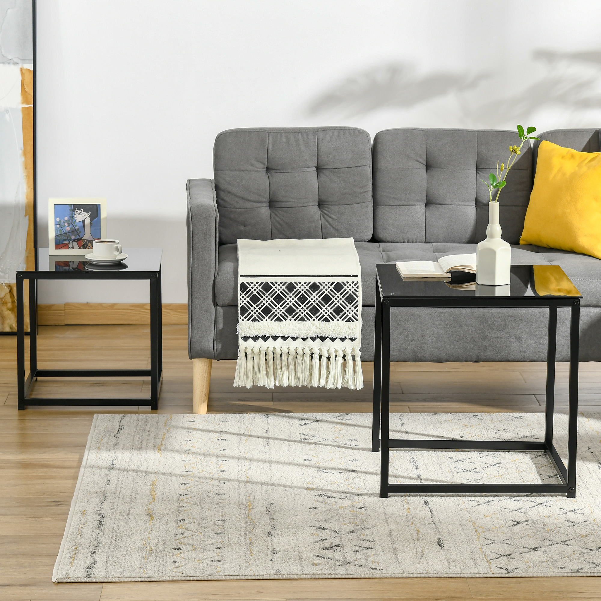 2er-Set Beistelltische, modernes Design, stapelbar, Glastisch, Schwarz