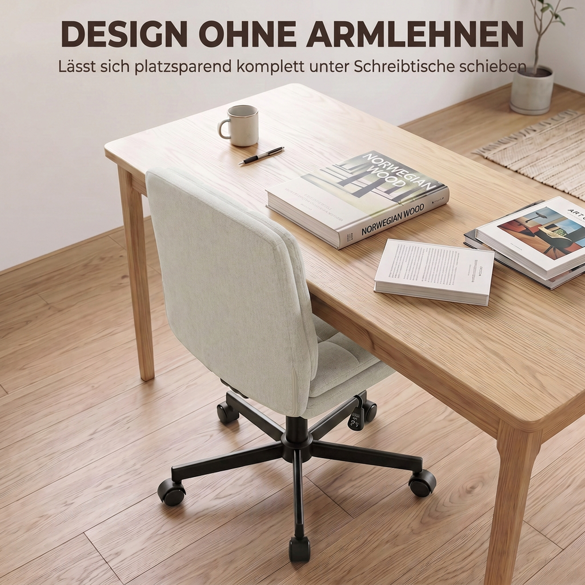 Bürostuhl ohne Armlehnen, Schreibtisch- & Schminkstuhl in Leinenoptik, mit Doppelschicht-Polsterung, Wippfunktion, Hellgrau