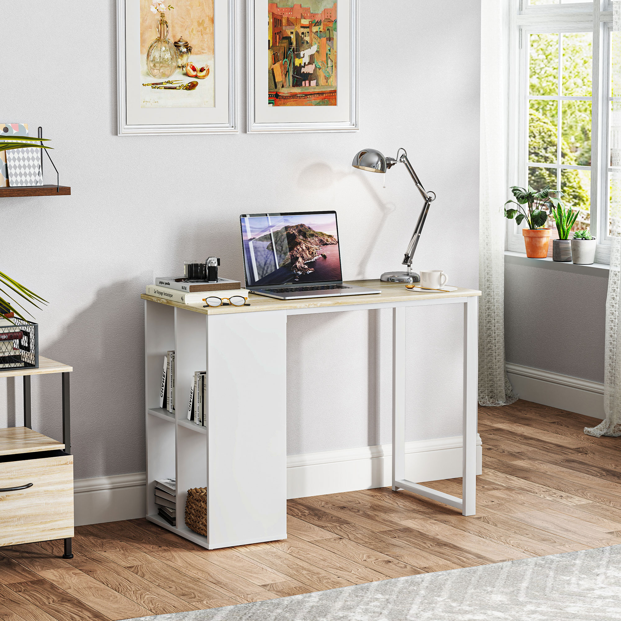 Kompakter Computertisch, Moderner Schreibtisch mit Stauraum-Fächern, für kleine Räume, 100 x 54 x 75 cm, Weiß