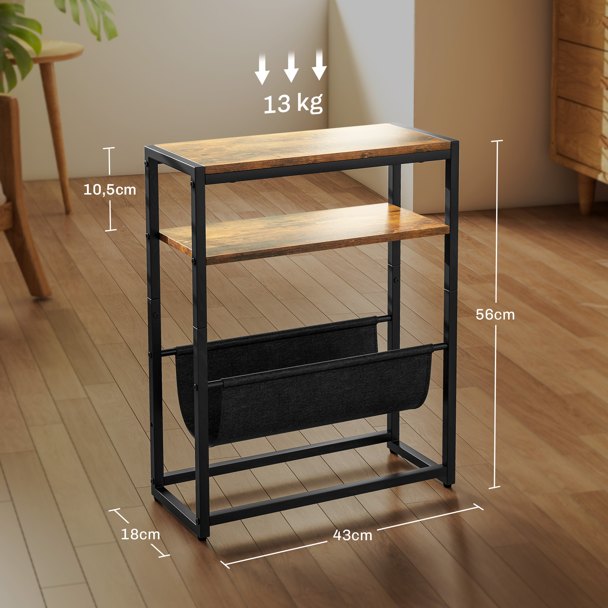 Beistelltisch, Couchtisch mit 3-stufiger Ablage, V-förmigem Magazinhalter 43 x 18 x 56 cm, Rustikal Braun