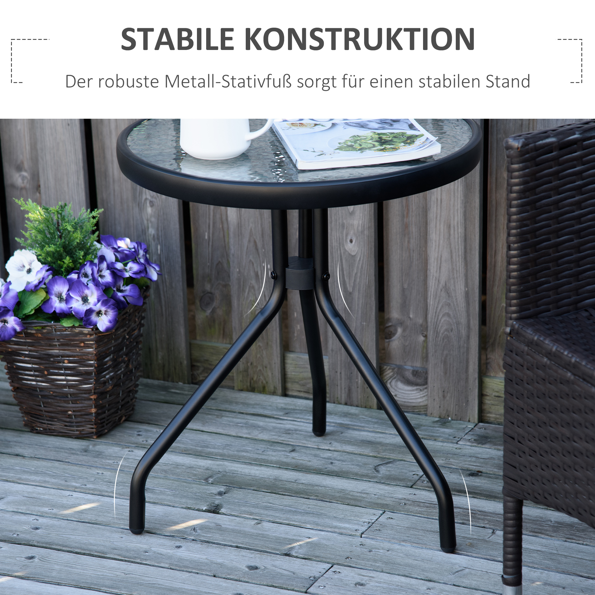 Beistelltisch Garten wetterfester Gartentisch mit Glastischplatte, Balkontisch aus Metall Ø50x55H cm
