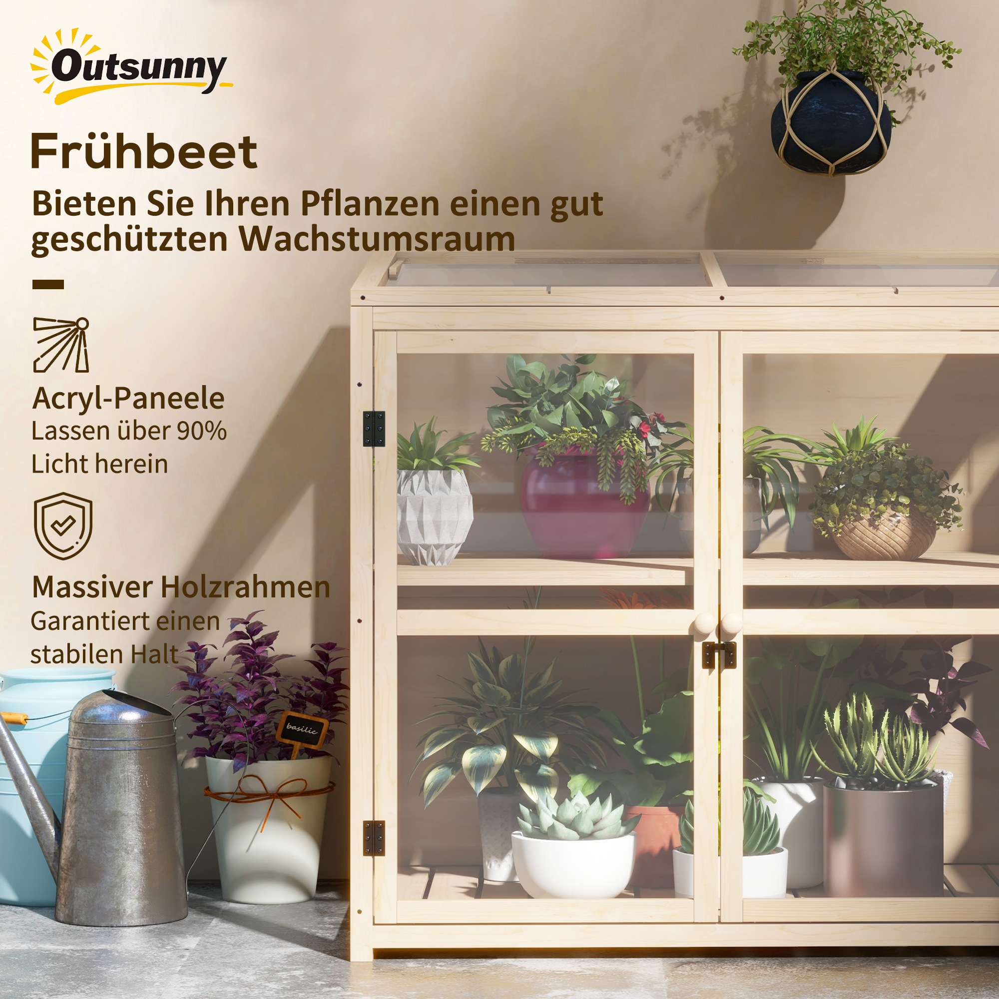 Frühbeet Hochbeet Pflanzenbeet, wetterbeständig, 2 Ebenen, Fichtenholz, 103 x 61 x 103 cm, Natur
