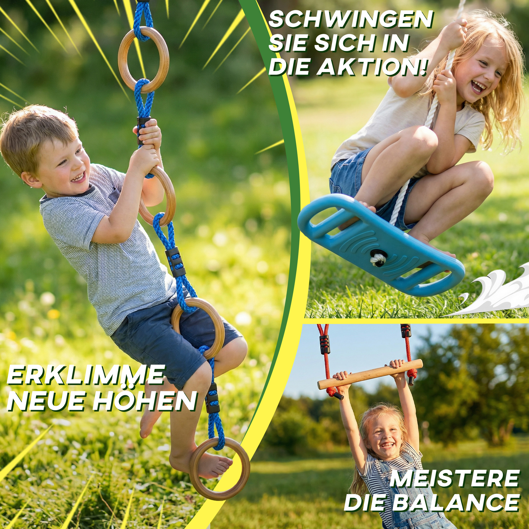 Ninja Line Kinder 10m 9-teilig Slackline Set mit 2 Turnringe 3-in-1 Schaukel 2 Kletterstange für 3-8 Jahre Mehrfarbig