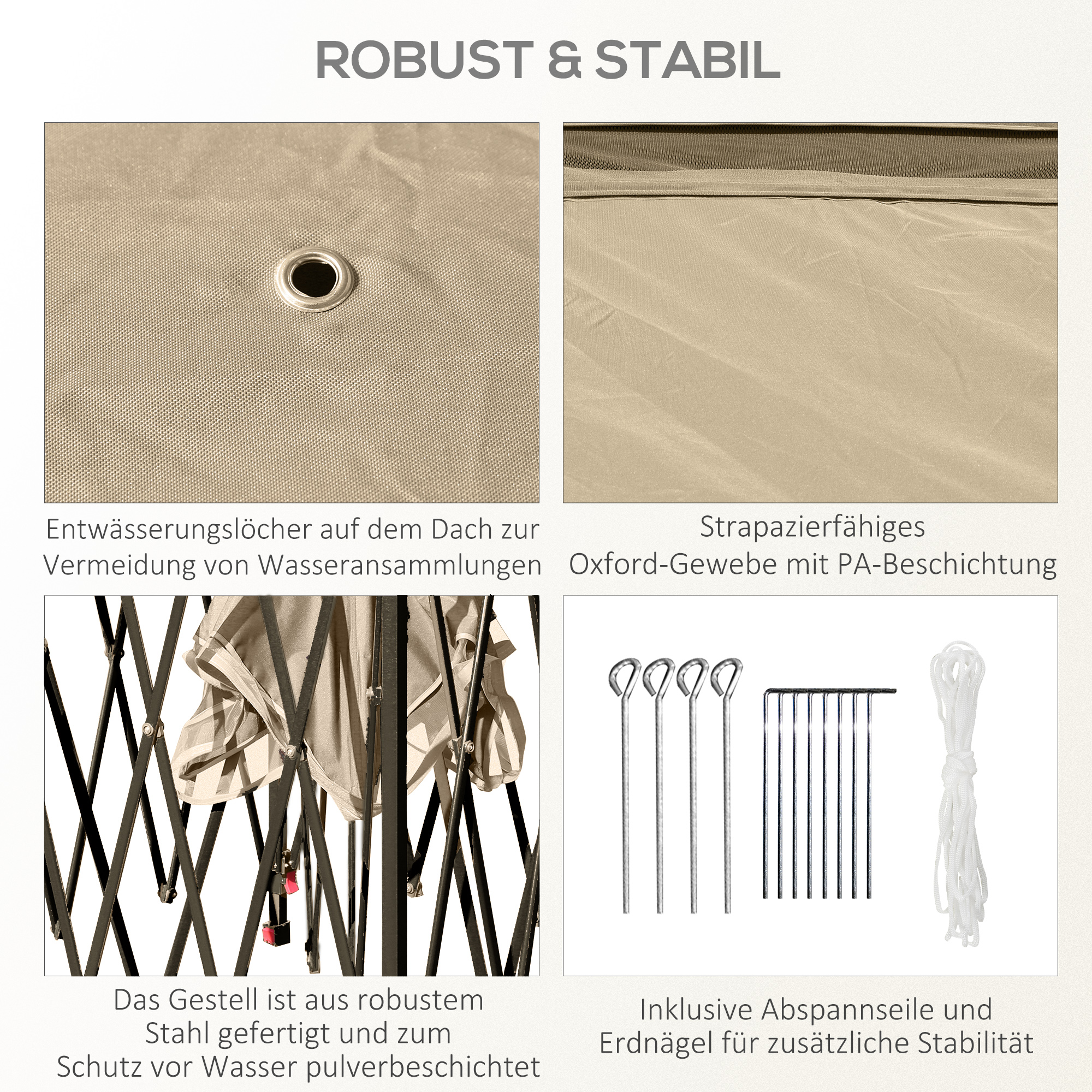 Faltpavillon, Gartenpavillon, Metall und Stoffplane, Netzvorhänge, Entwässerungslöcher, 330L x 330B x 288H cm, Beige
