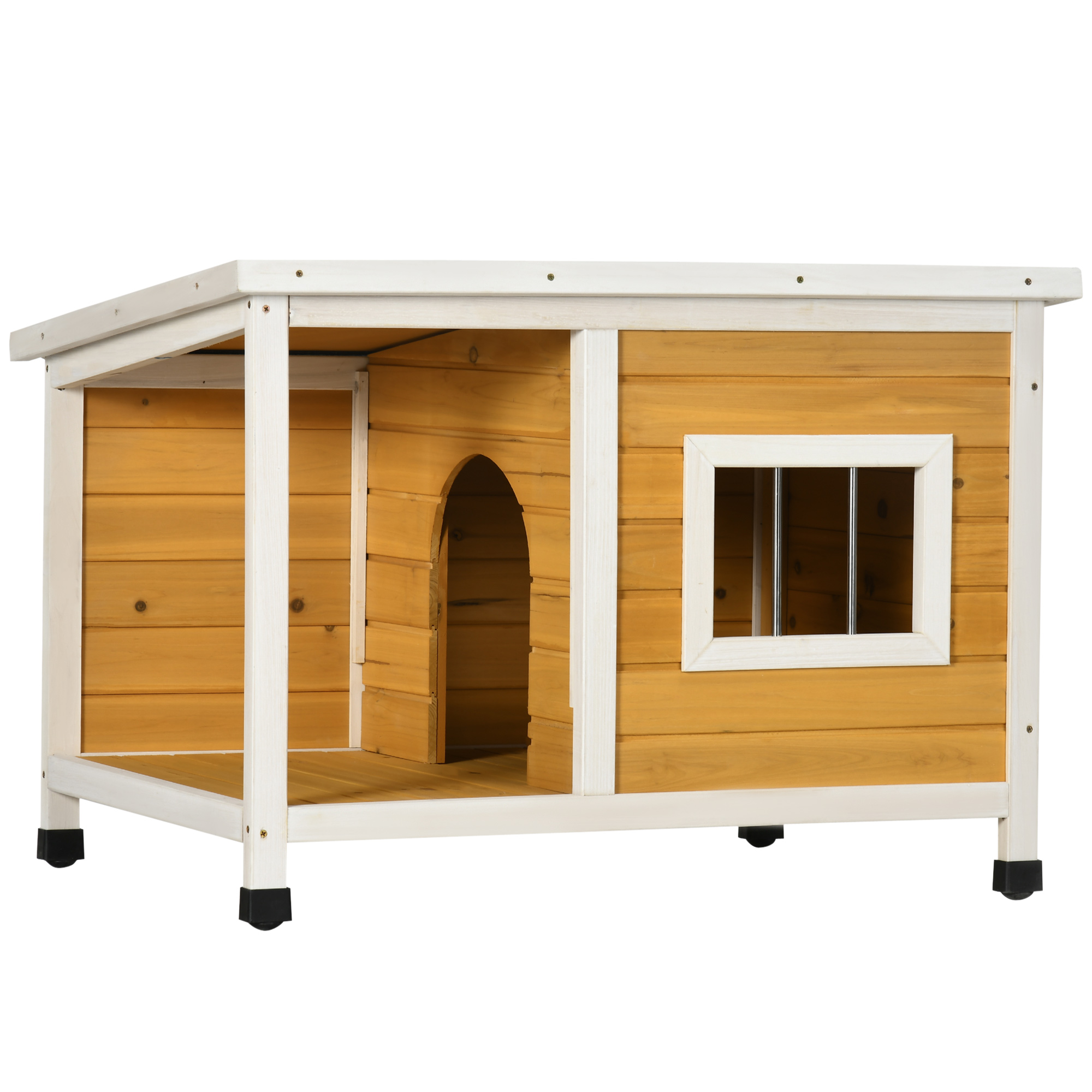 Hundehütte mit Veranda, aufklappbares Dach, Fenster, verstellbare Füße, Naturholz, orange, 85,5 x 62 x 60 cm