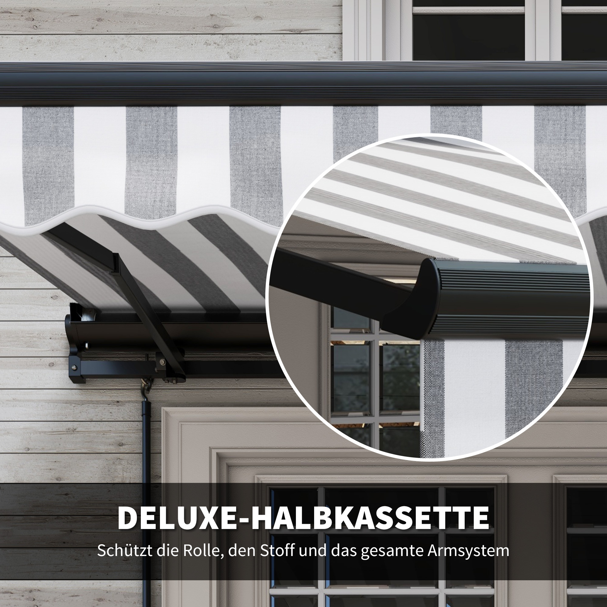 Sonnenmarkise Markise Terrassenmarkise, wetterbeständig, 1 Handkurbel, 395 x 250 x 150 cm, Grau + Weiß