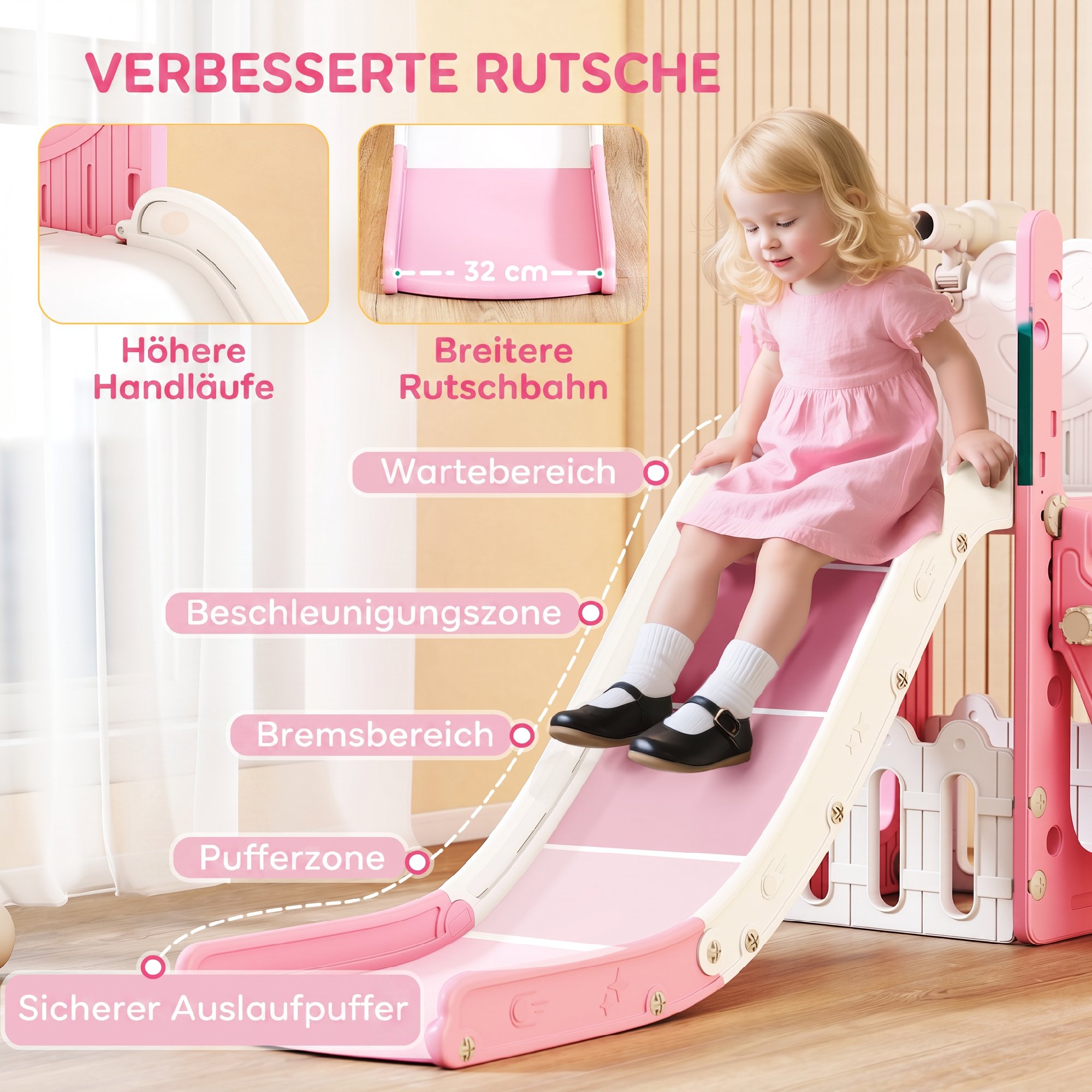 5-in-1 Kinderrutschenset, Teleskop, Basketballkorb, HDPE, Kunststoff, Rosa+Weiß