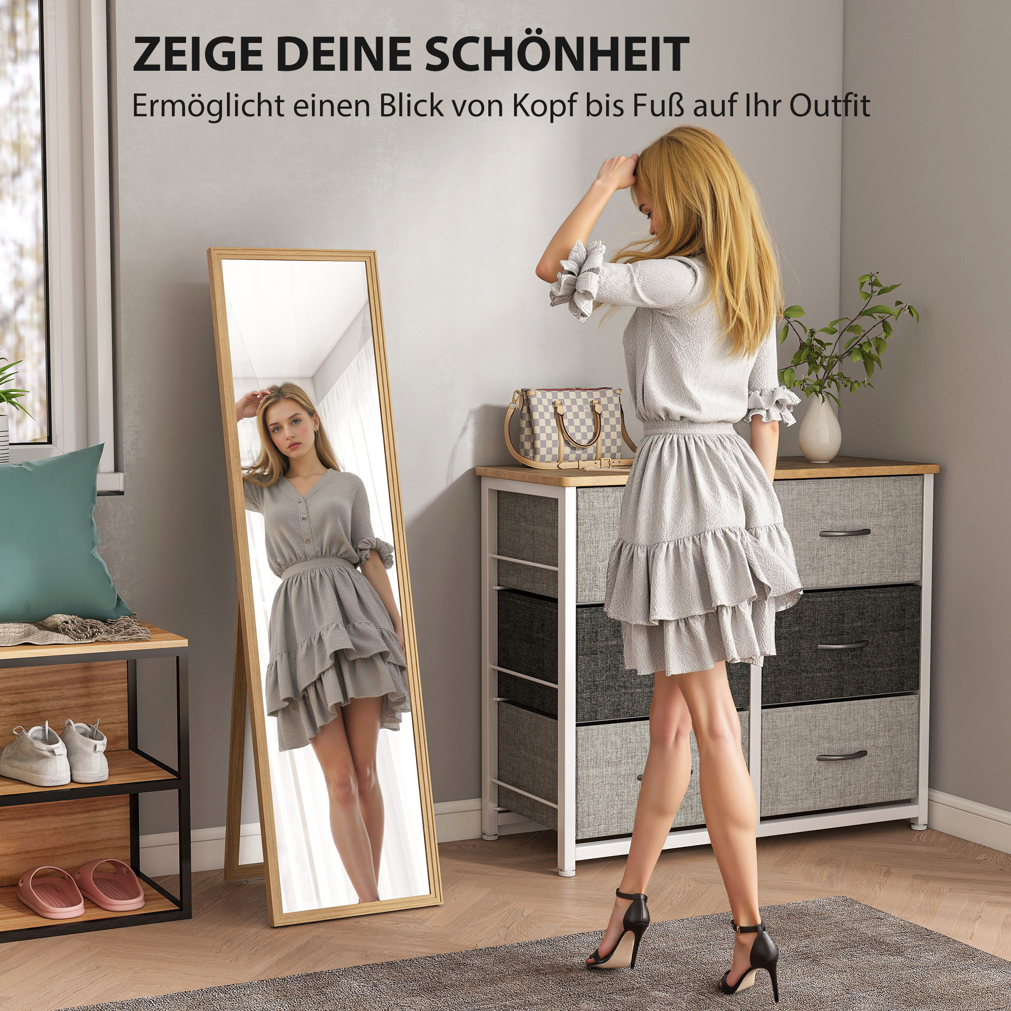 Ganzkörperspiegel mit Ständer, freistehend, 40 cm x 150 cm, Natur