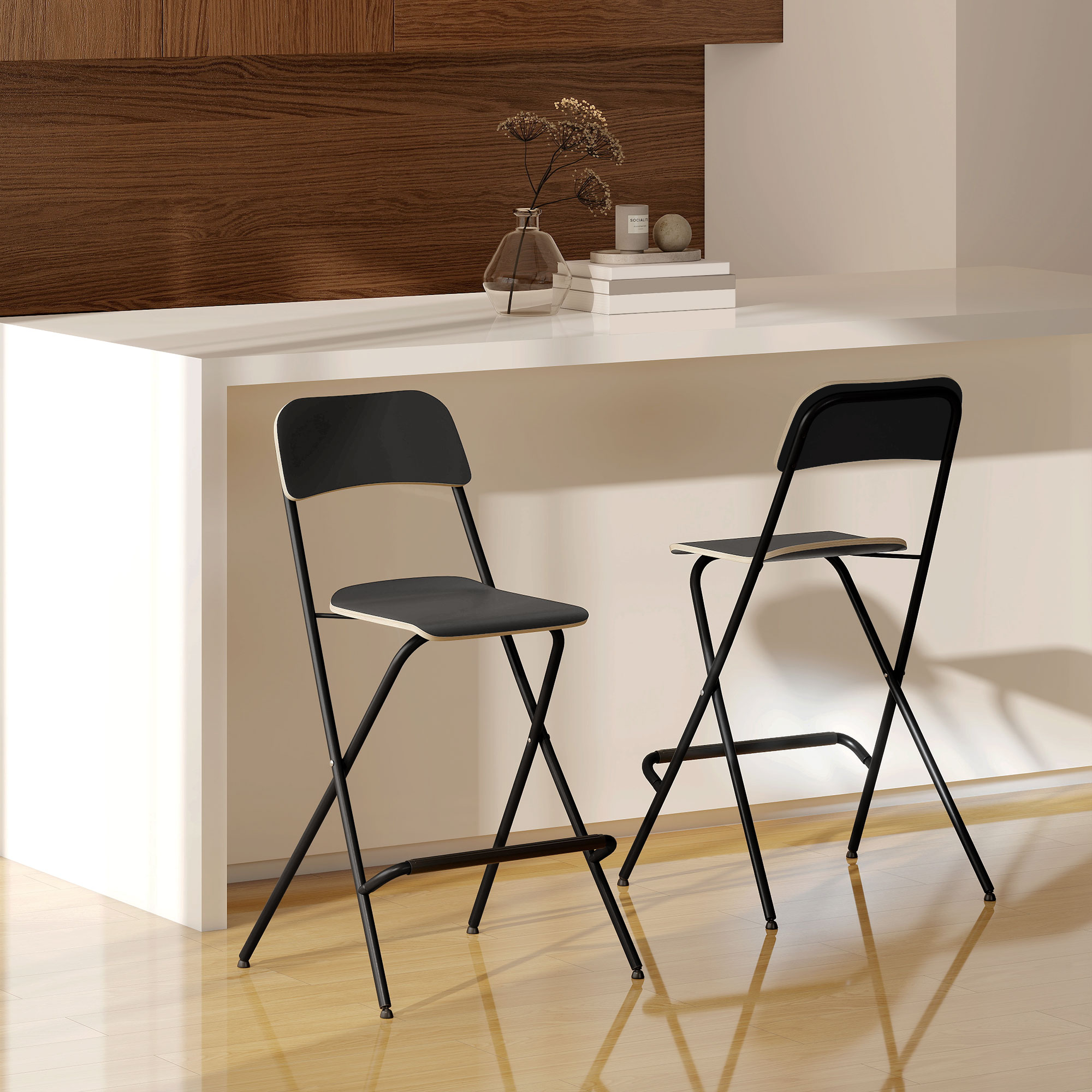 2er-Set Barhocker, klappbare Barstühle mit Stahlrahmen, für Küche, Esszimmer, Schwarz