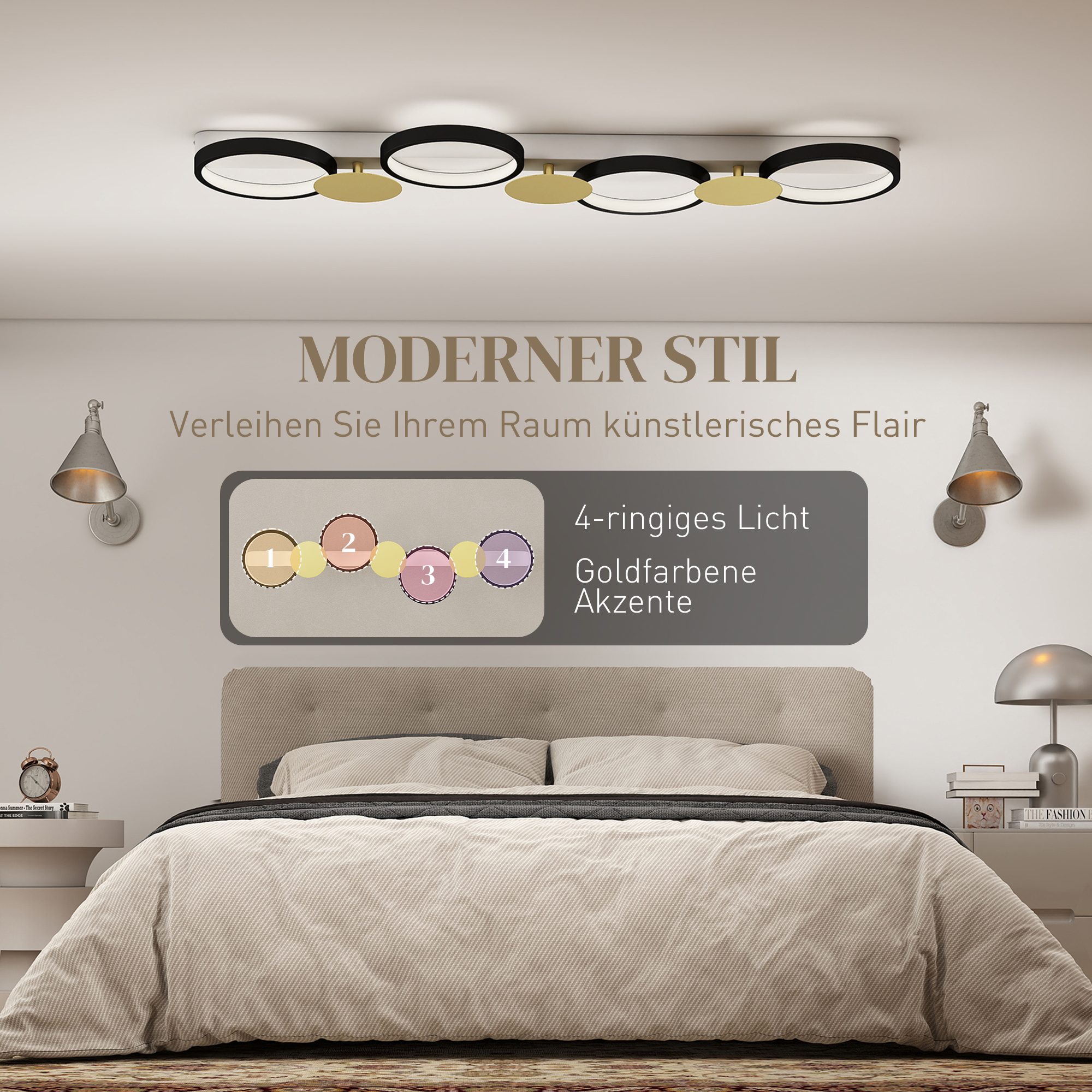 Deckenleuchte LED 38W 1500LM 3000K-6500K Deckenlampe Wohnzimmerlampe mit 4 Glühbirnen Fernbedienung Schwarz+Gold
