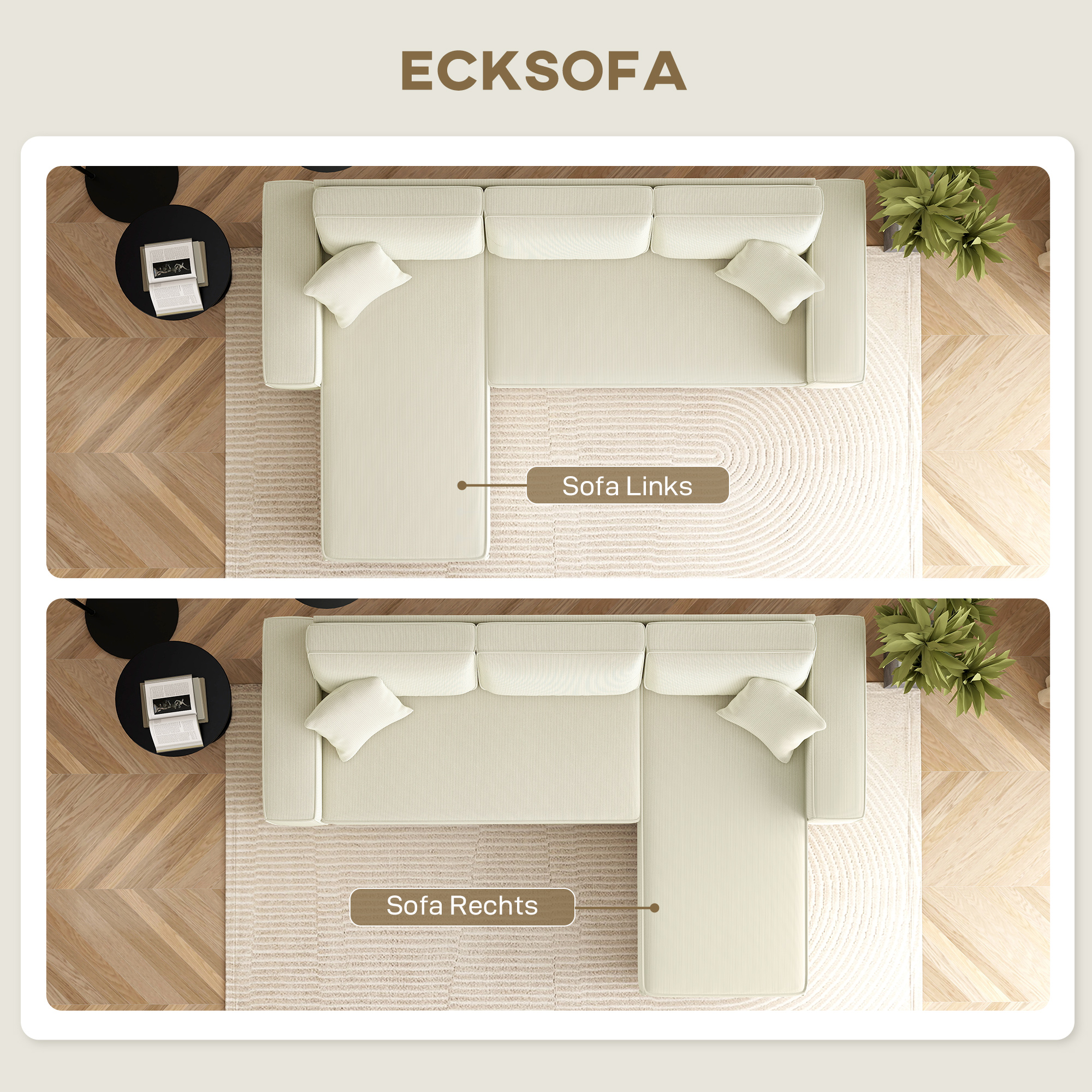 3-Sitzer-Sofa mit Chaiselongue, Wohnzimmercouch mit Cordbezug, 2 Extra-Kissen, Polstersofa, Cremeweiß