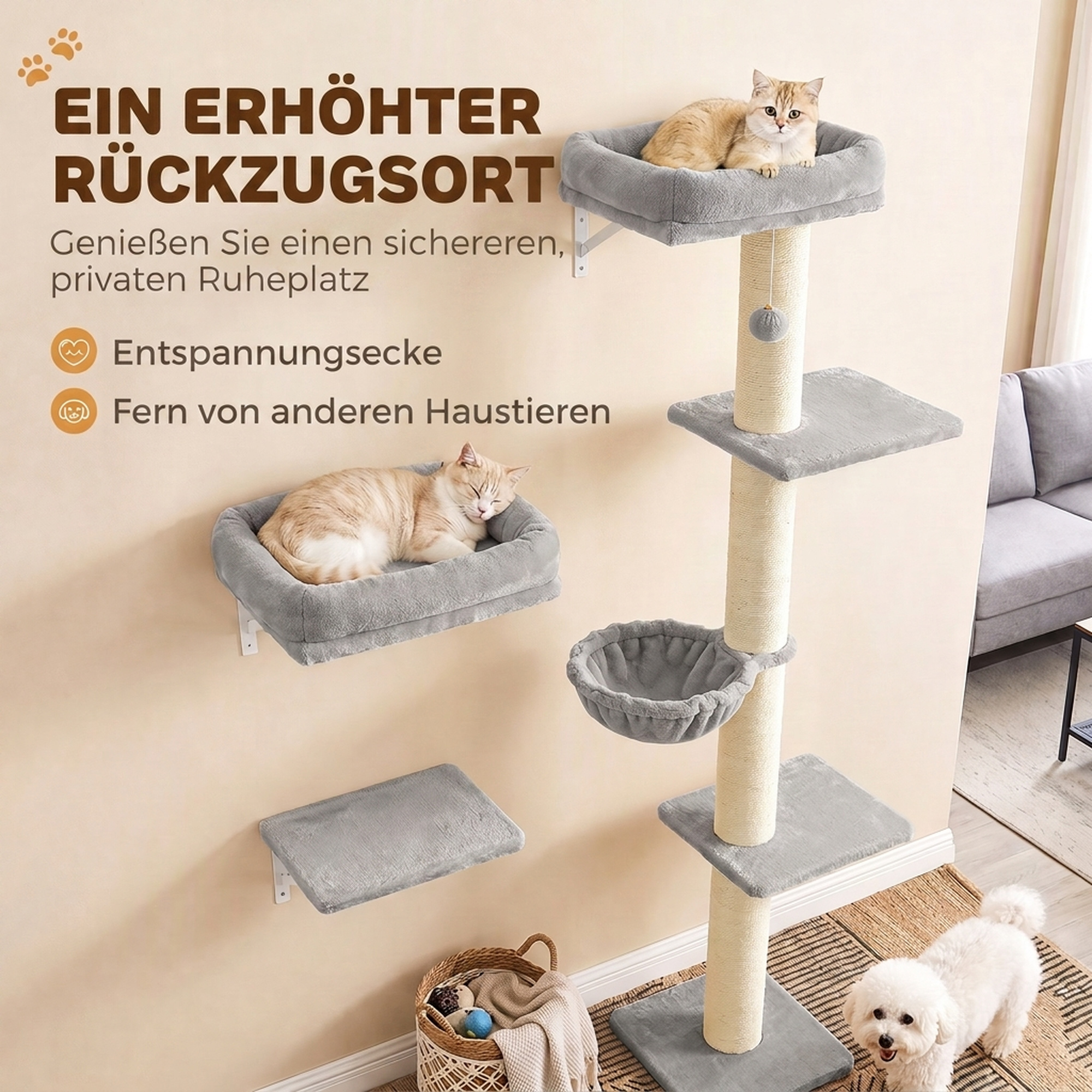 Kletterwand Katzen, 3-teilig Katzenkletterwand Set, Katzen Wandelemente mit Kratzbaum, Plattformen Hängematte