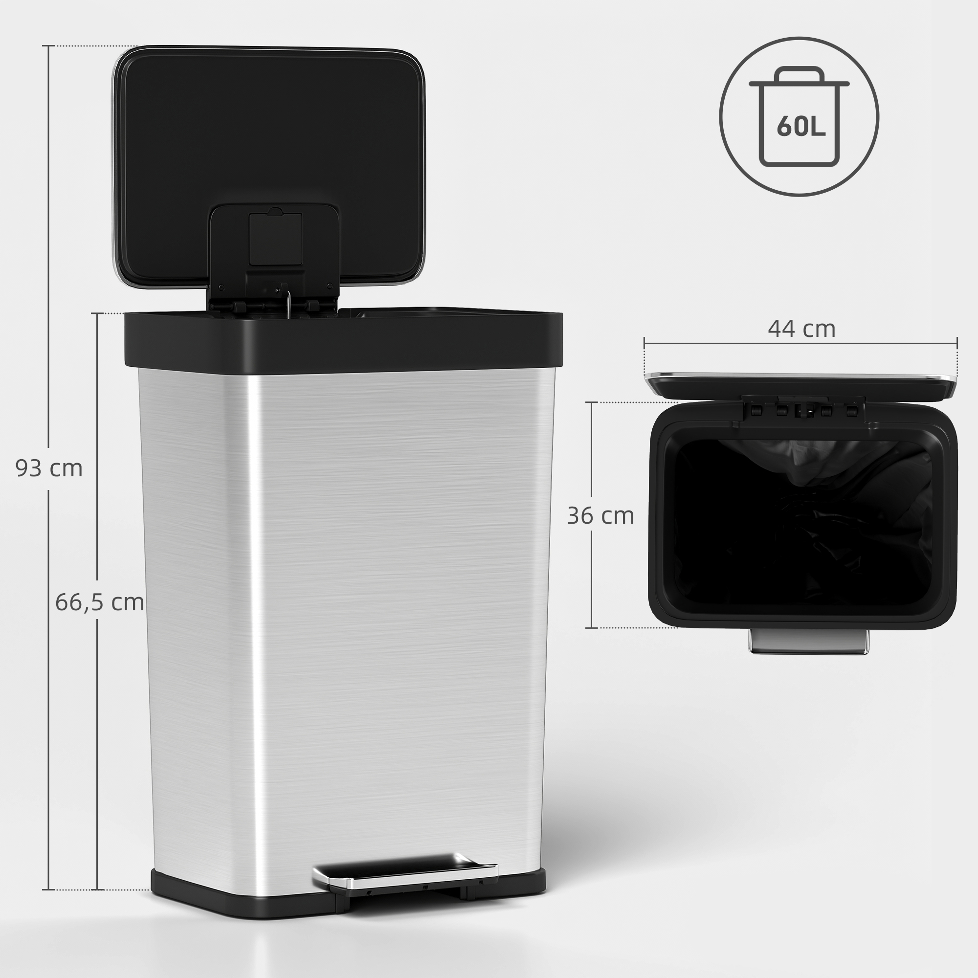 60 L Mülleimer mit Fußpedal, Edelstahl-Abfalleimer mit sanft schließendem Deckel, Silberfarben