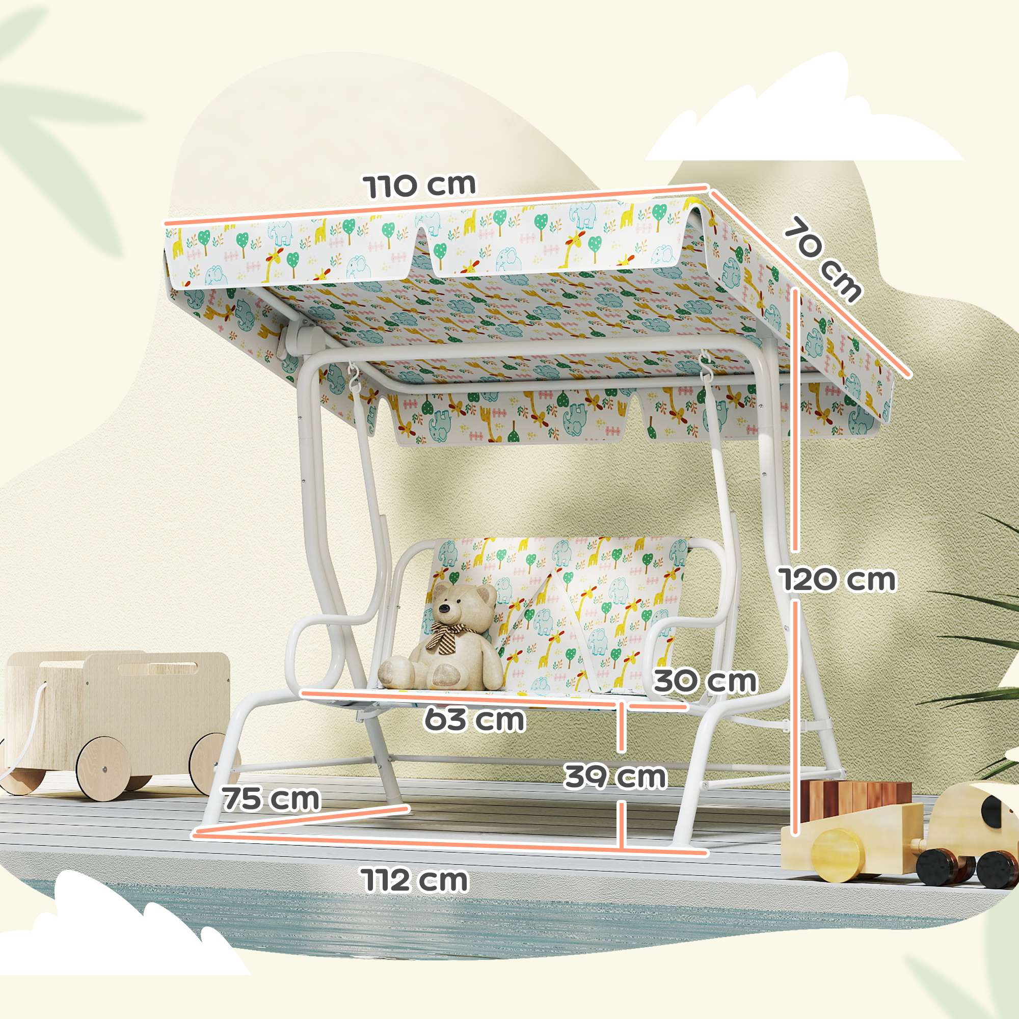 Hollywoodschaukel für Kinder, Stahlrahmen, 2-Sitzer, 60 kg belastbar, Weiß