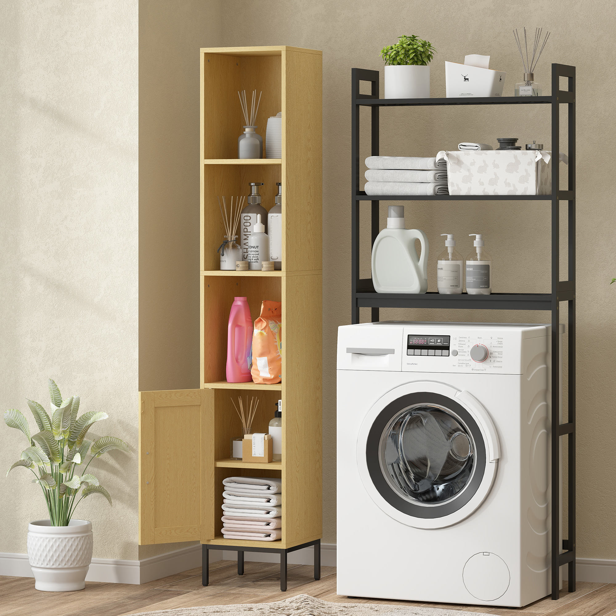 Hoher Badezimmerschrank, schmaler Badschrank mit offenen Ablagen und verstellbarem Einlegeboden, Naturholzoptik