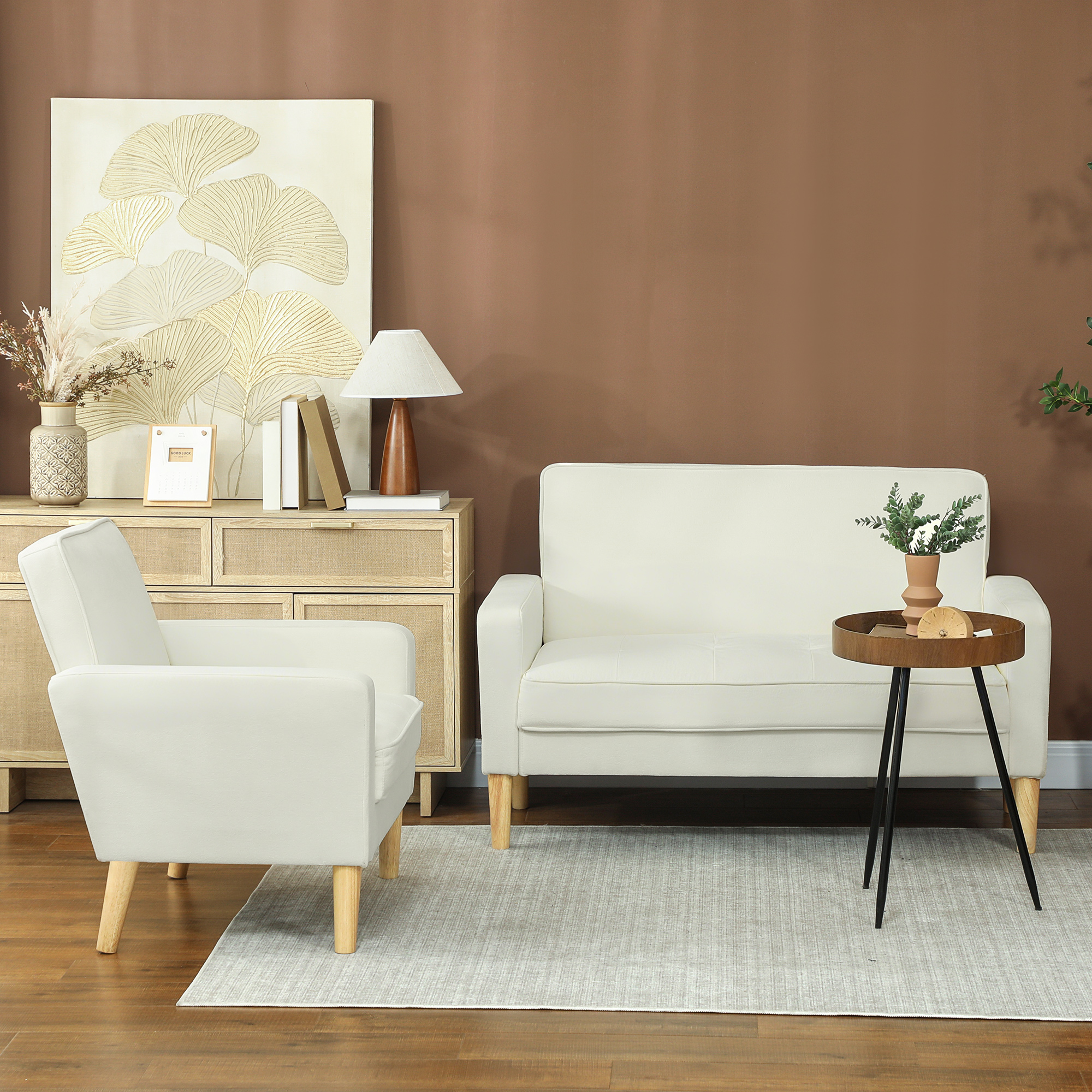 2-Sitzer-Sofa, Doppelsitzsofa mit Kautschukholzbeinen, Polstersofa für Wohnzimmer, Schlafzimmer, Cremeweiß