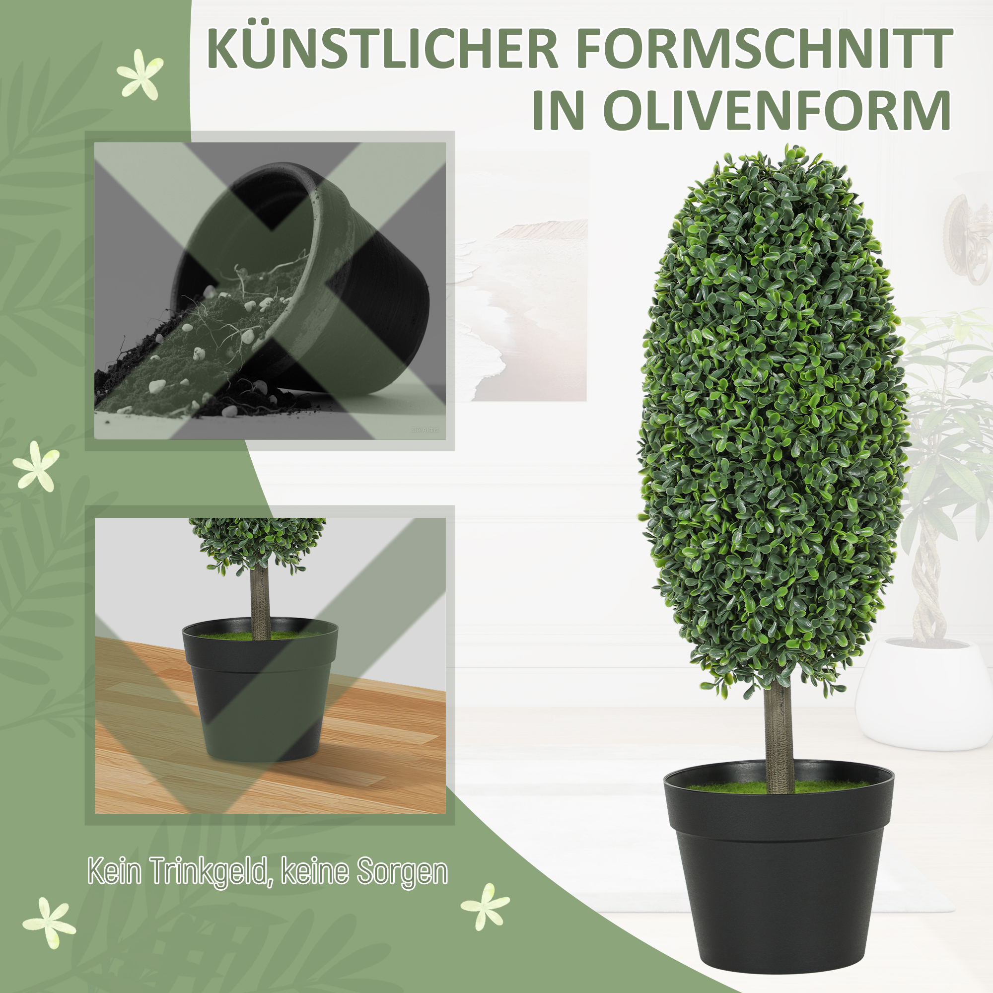 2er-Set künstliche Pflanzen, UV-beständige Kunstbäume im Topf, Kunststoff, Zement, Grün