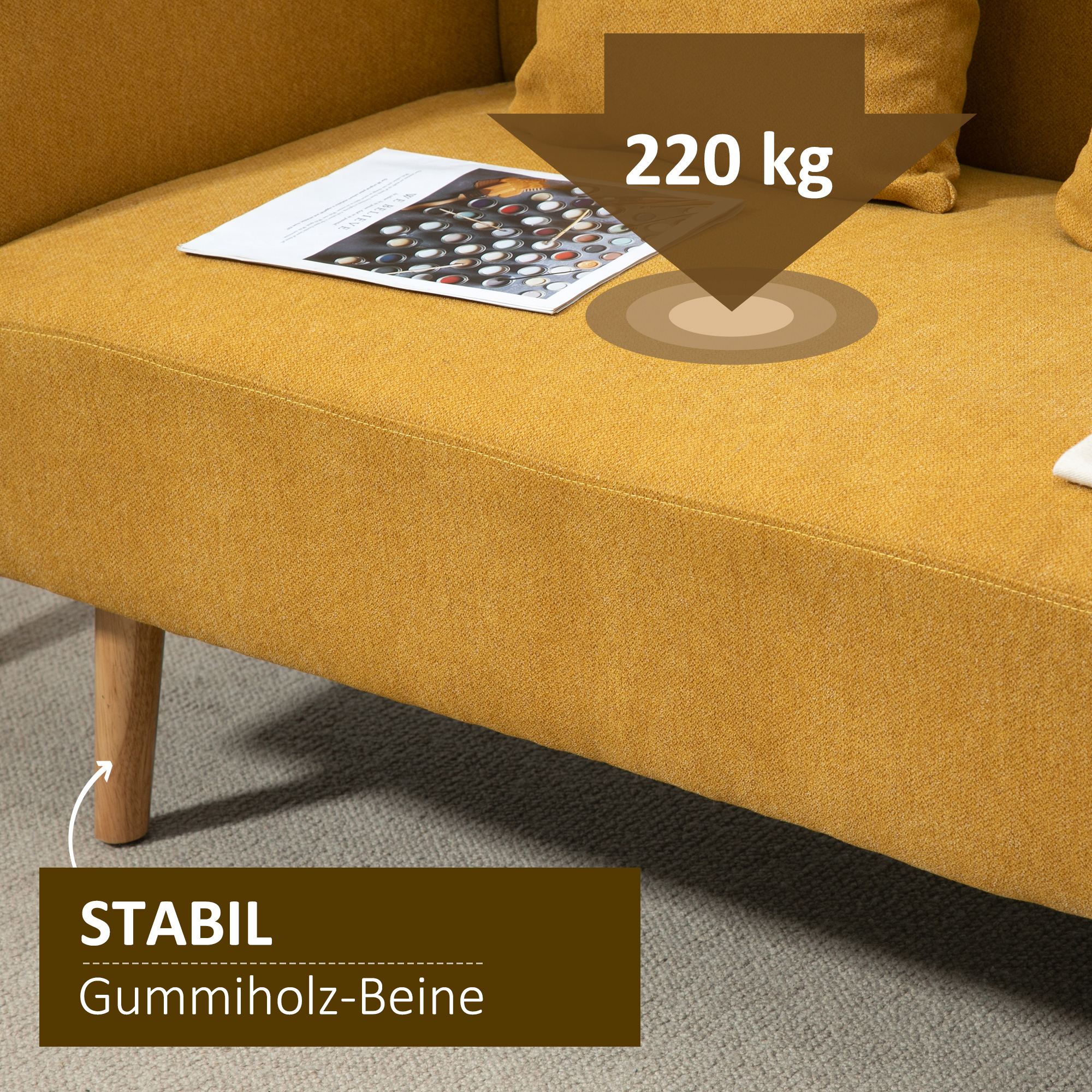 2 Sitzer Sofa, Couch mit 2 Wurfkissen, gepolsterter Doppelsofa, Polstersofa mit Samtopik, Armlehne, Loveseat für Wohnzimmer, Schlafzimmer,  130 x 70 x 80 cm, Gelb