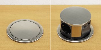 Schreibtisch-Einbausteckdose 3x +USB A+C / versenkbar, Edelstahl-Ausführung, rund