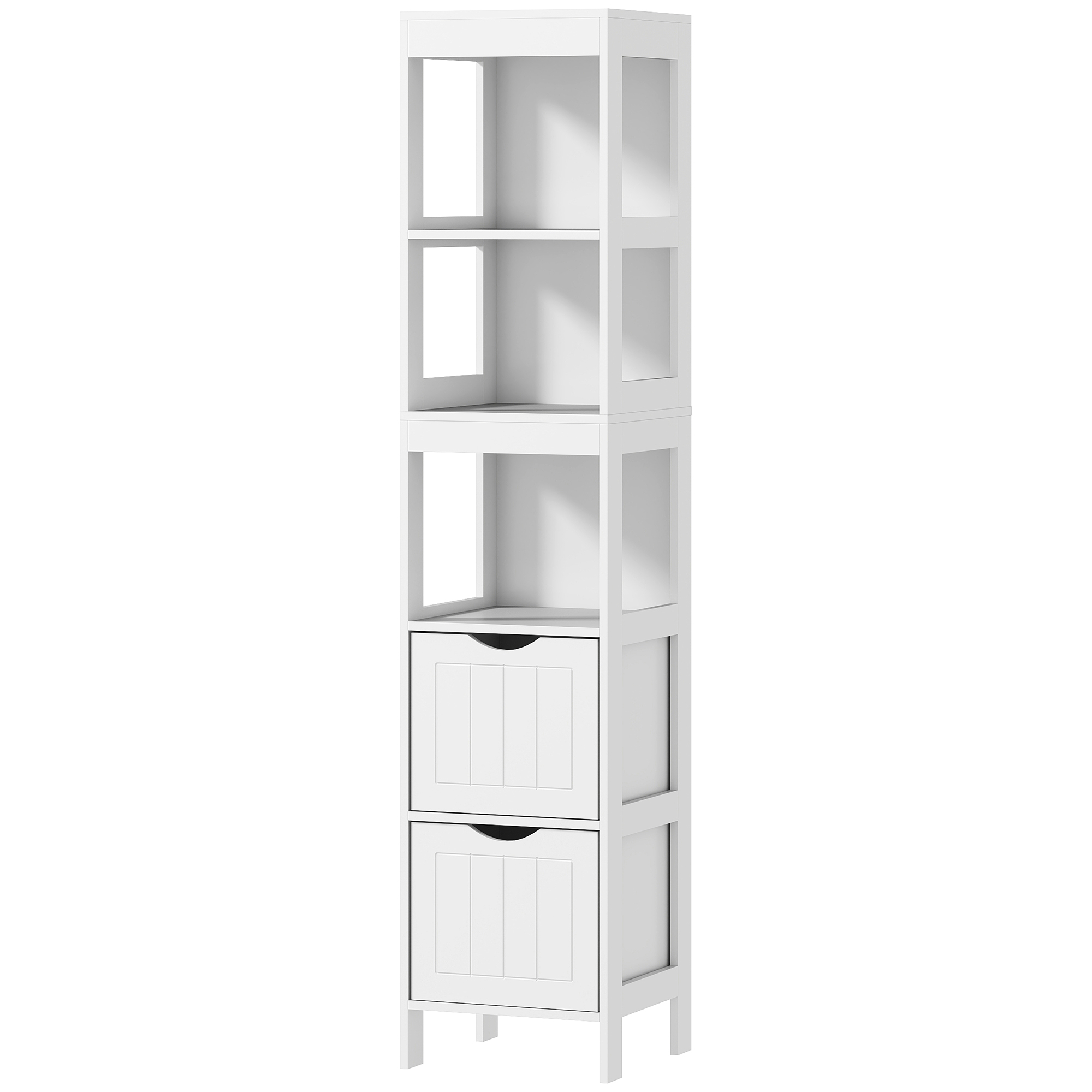 Badezimmerschrank, Kompaktes Badezimmerregal mit 2 Schubladen und 3 offenen Fächern, Freistehendes Badregal, MDF, Weiß