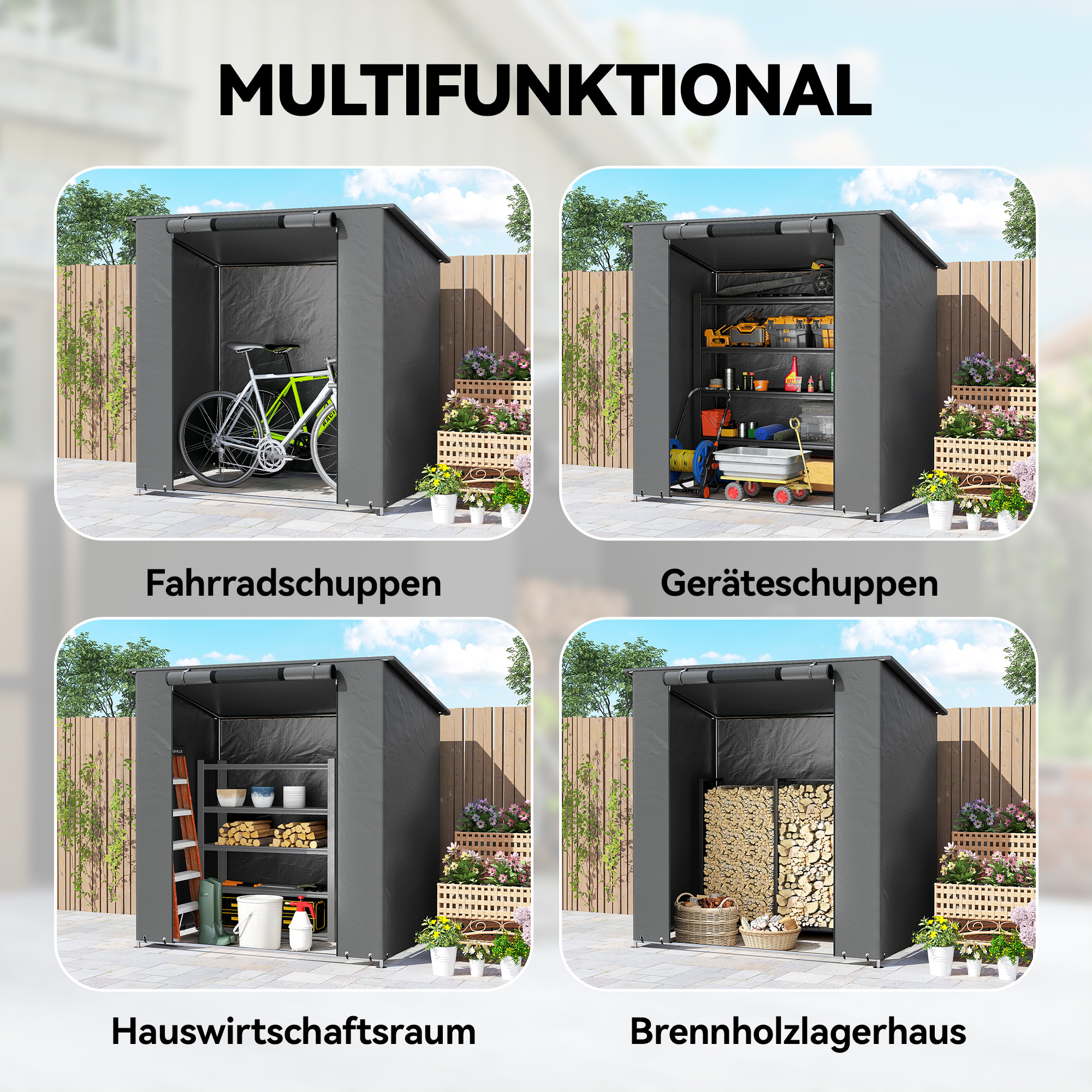 Zeltgarage 1,9x1,2 m Wasserdicht Garagenzelt mit aufrollbarer Reißverschlusstür Belüftungsfenster Dunkelgrau