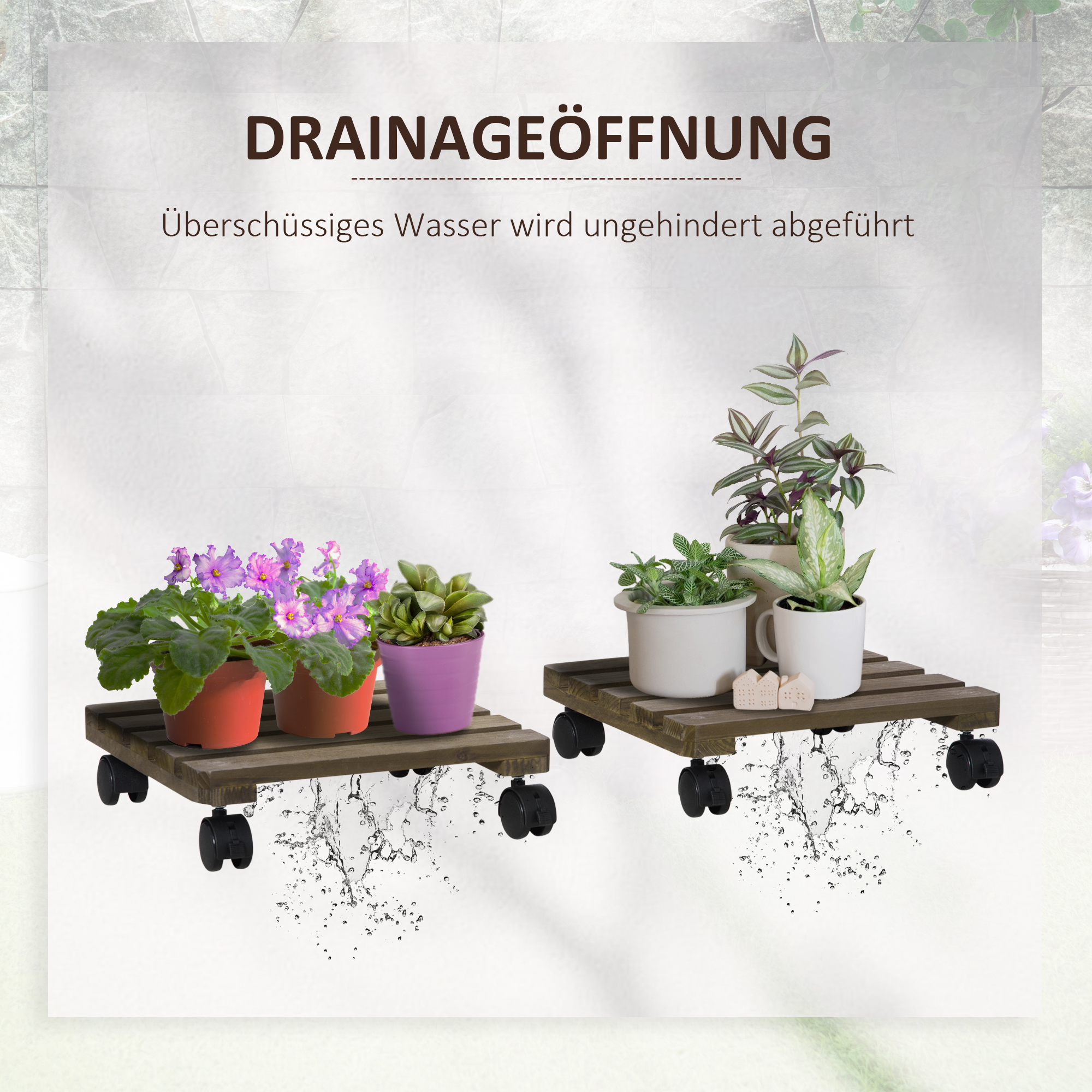 2er-Set rollende Pflanzenständer, Massivholz, 4 Rollen mit Bremsen, 30 cm x 30 cm x 7 cm, Braun + Schwarz