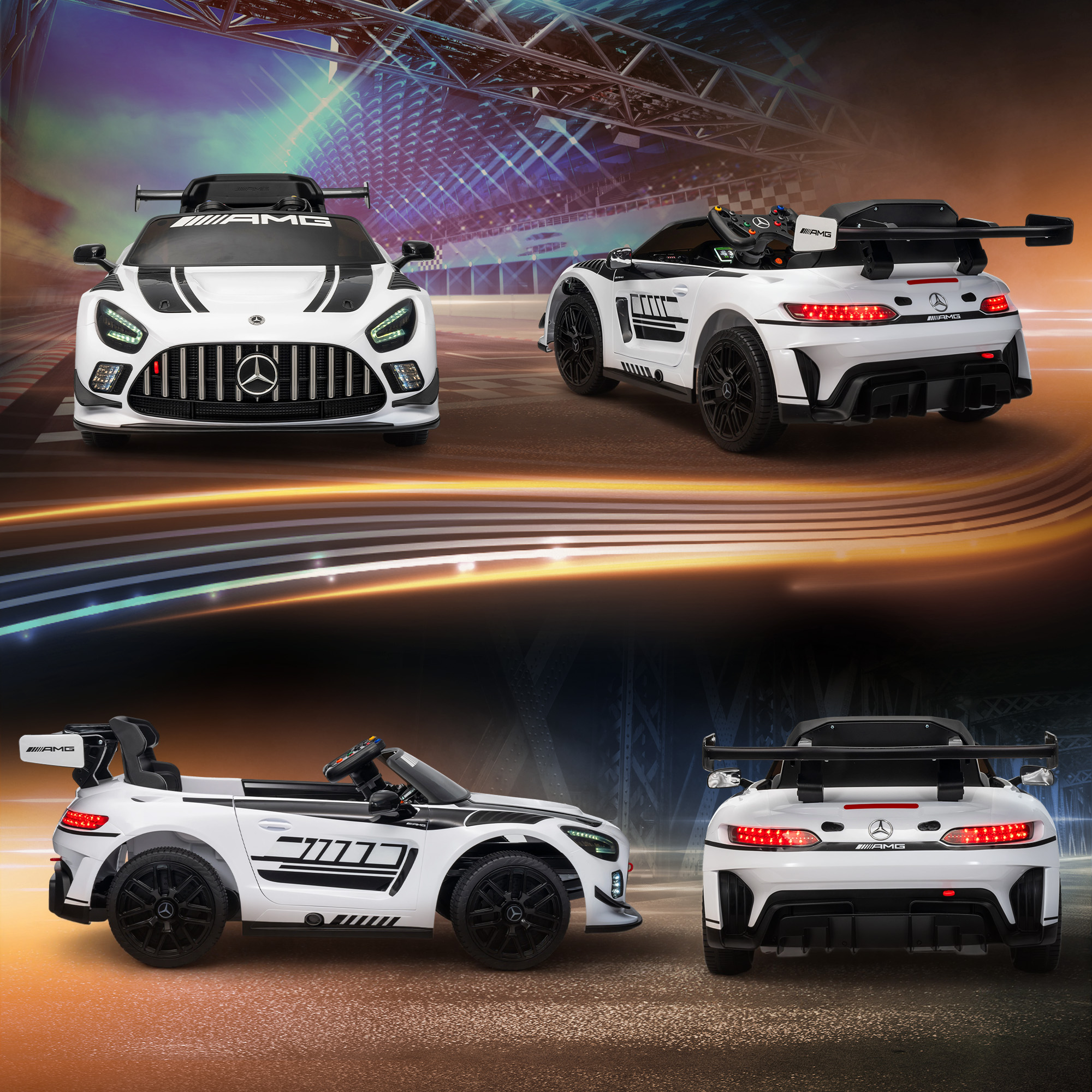 Mercedes-Elektroauto, Aufsitzauto für Kinder, 12V Batterie, LED-Lichter, Musikfunktion, Hupe, 3-8 Jahre, Weiß