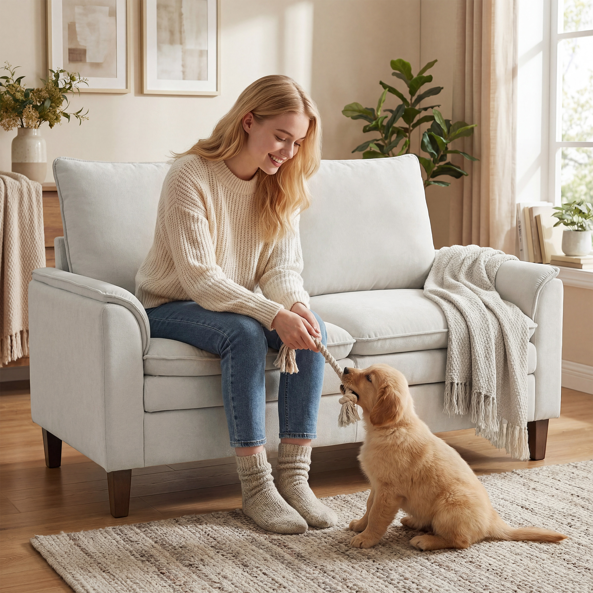 146 cm Zweisitzer Sofa, Chenille-Sofa mit doppellagiger Polsterung, Federkissen, tiefem Sitz, hoher Rückenlehne, Cremeweiß