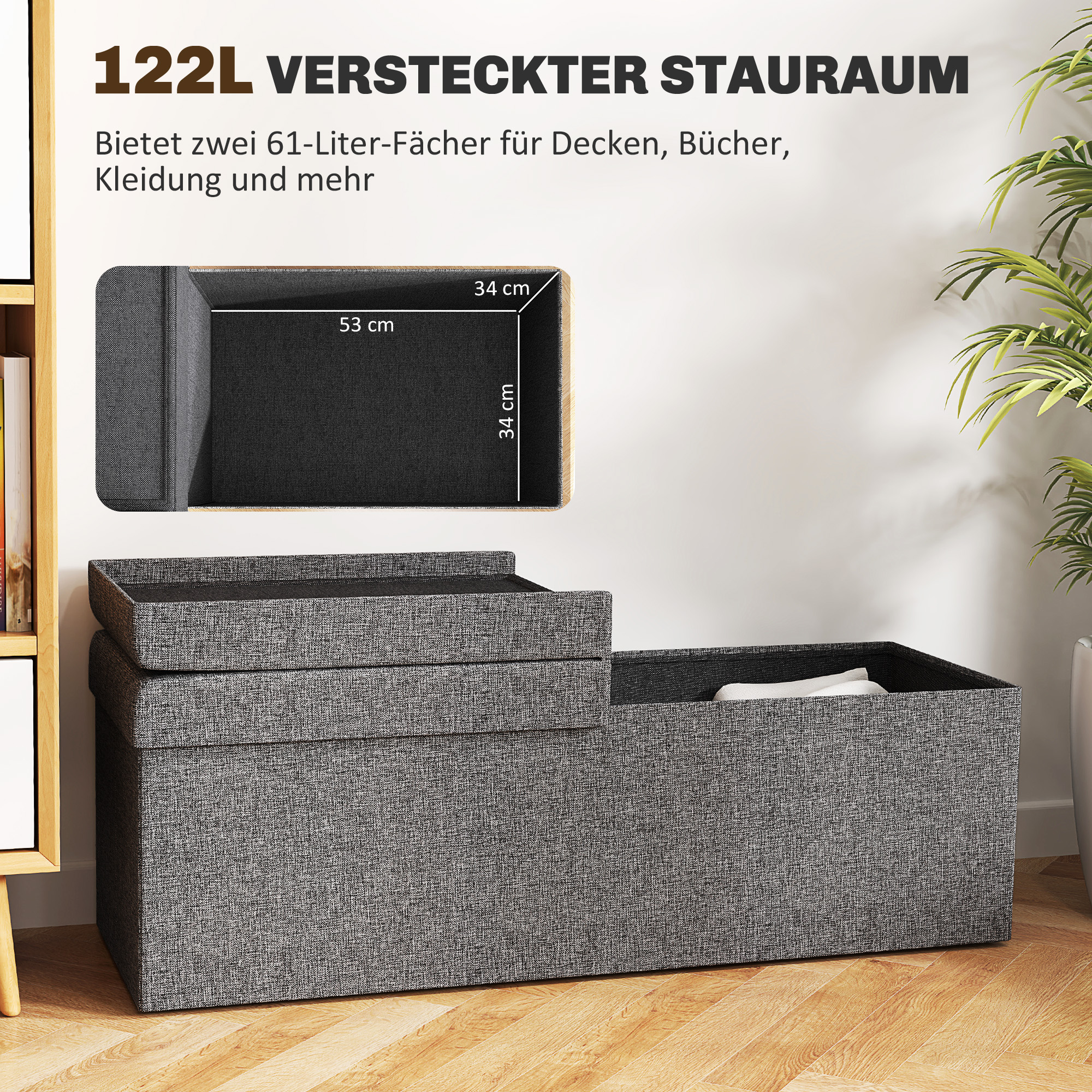 Fußhocker mit Stauraum, faltbares Design, weiche Polsterung, für Flur, Wohnzimmer, Schlafzimmer, Dunkelgrau