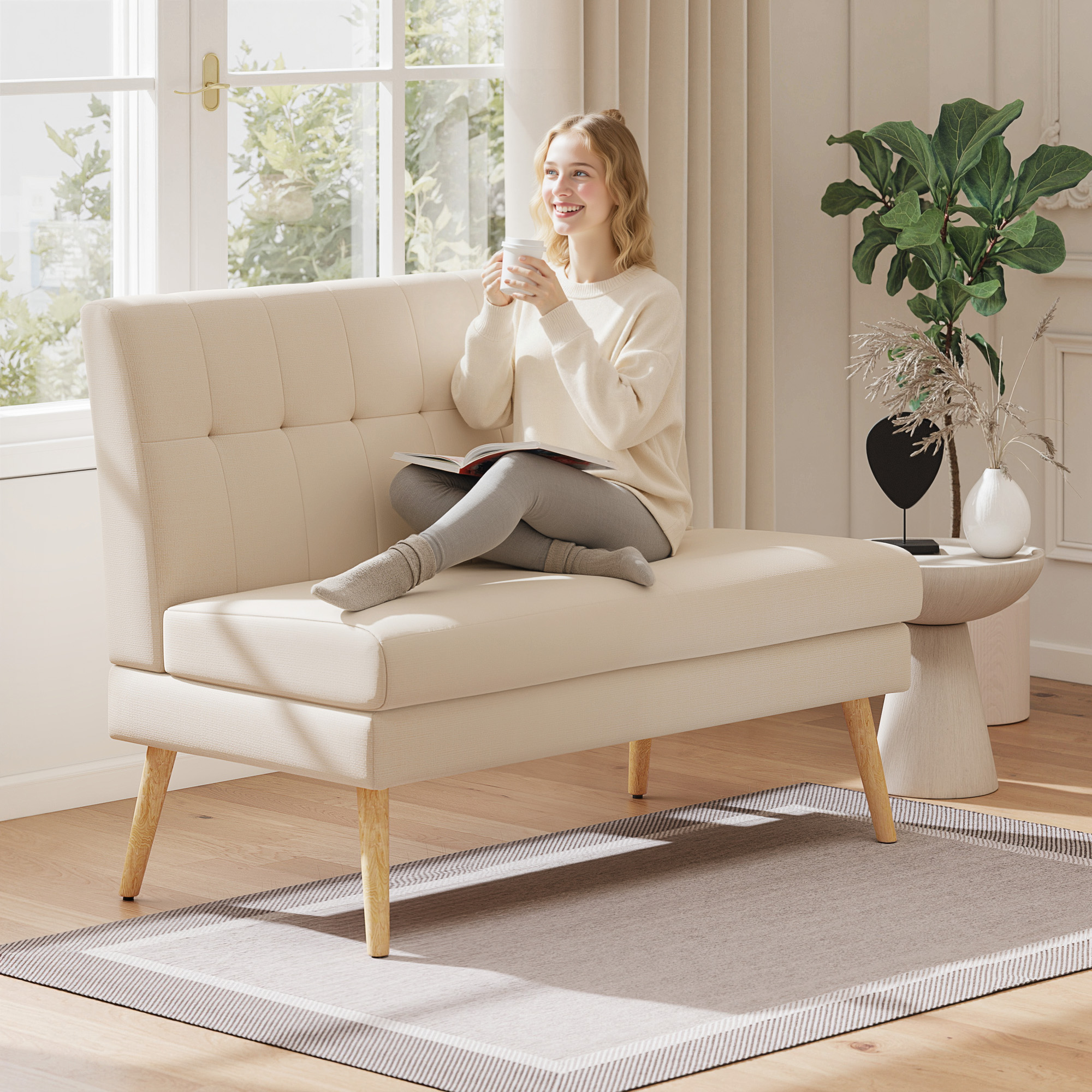 2-Sitzer-Sofa, getuftete Rückenlehne, Holzbeine, dicke Polsterung, Leinenoptik, für kleine Räume, Beige