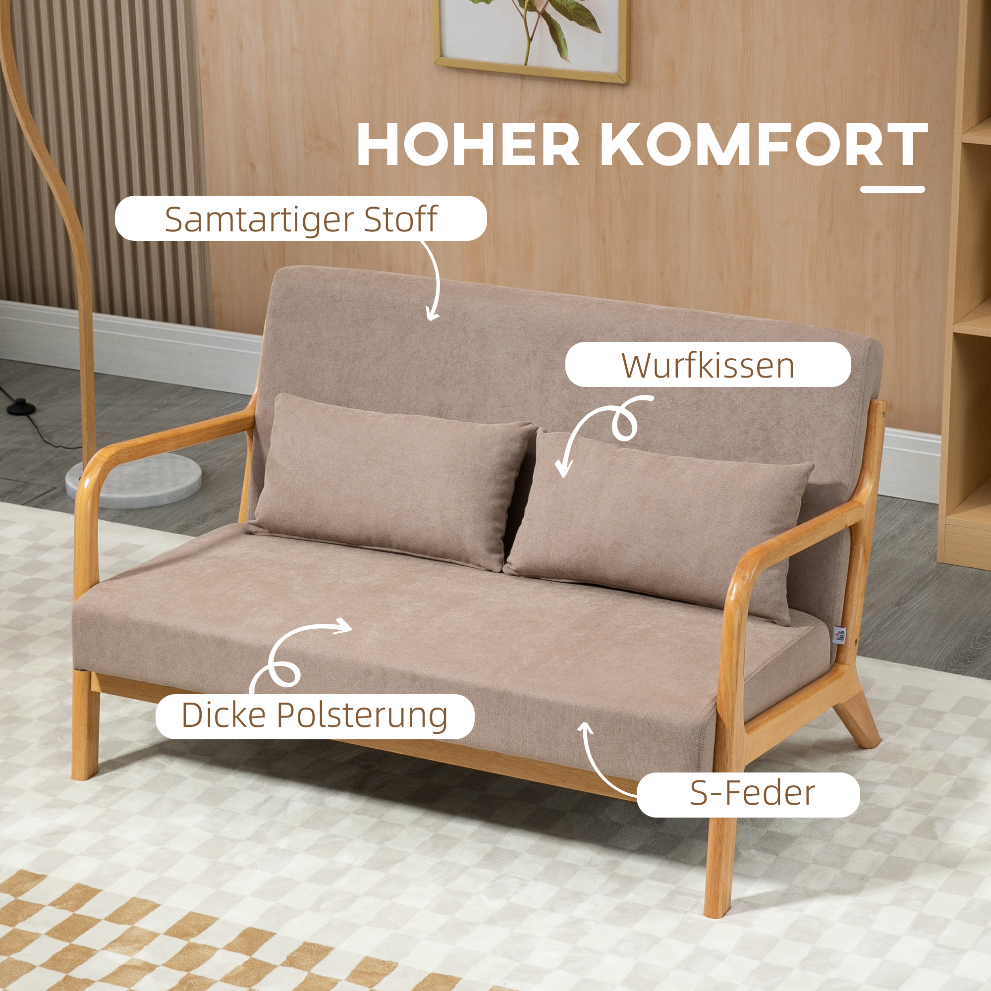 2-er Sofa, 2-Sitzer, kleines Sofa, Retrodesign, 2 Kissen, Kautschukholz, Braun + Natur
