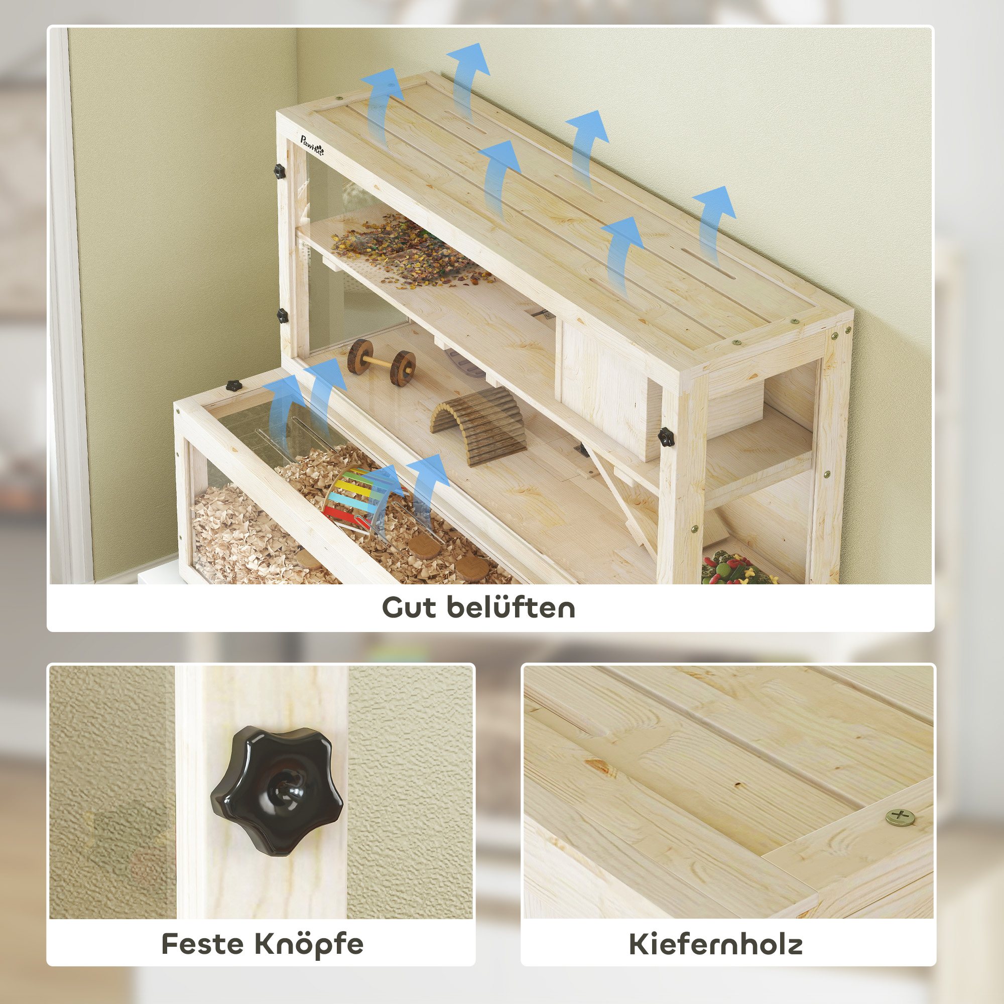 Hamsterkäfig, 3 Ebenen, Hütte, Zubehör, 100 x 50 x 84 cm, für mehrere Kleintiere, Holz, Kunststoff