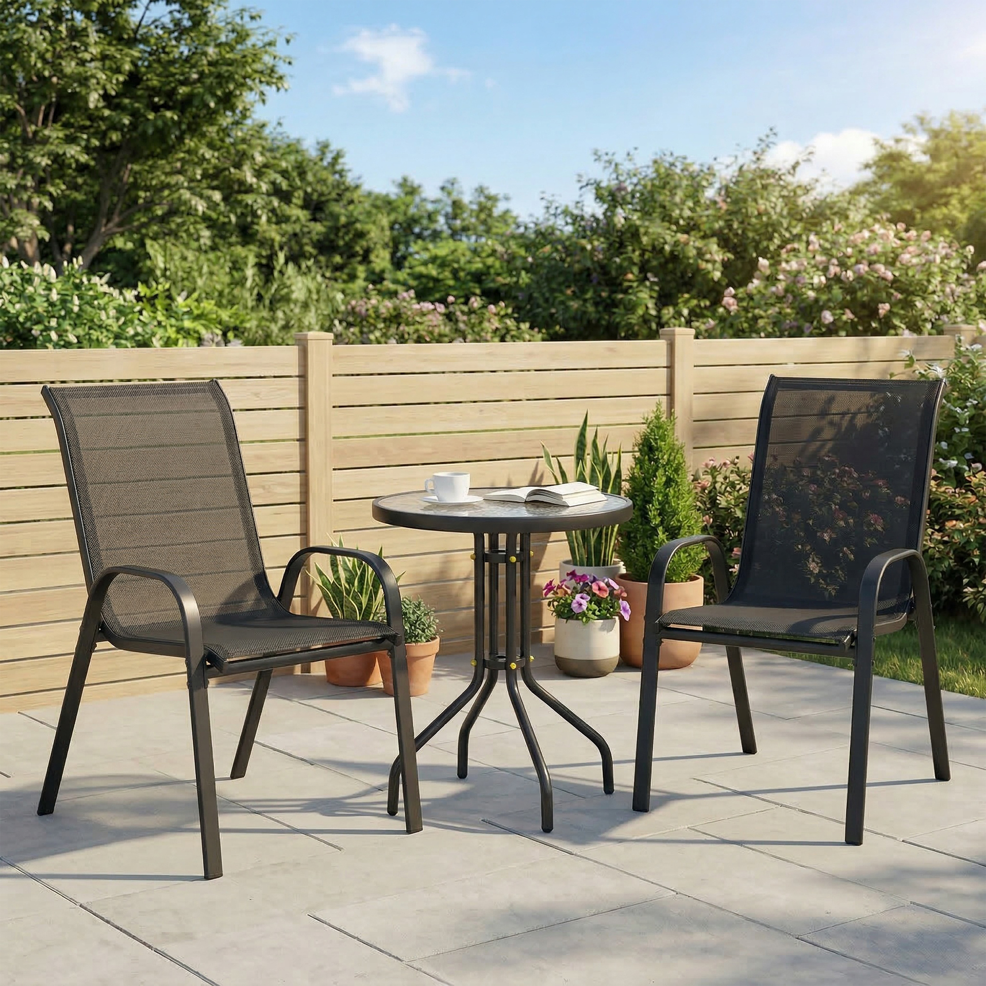Bistro-Set 3-teilig Wetterfest Gartenmöbel Set mit Glastisch Stapelbare Gartenstühlen Schwarz