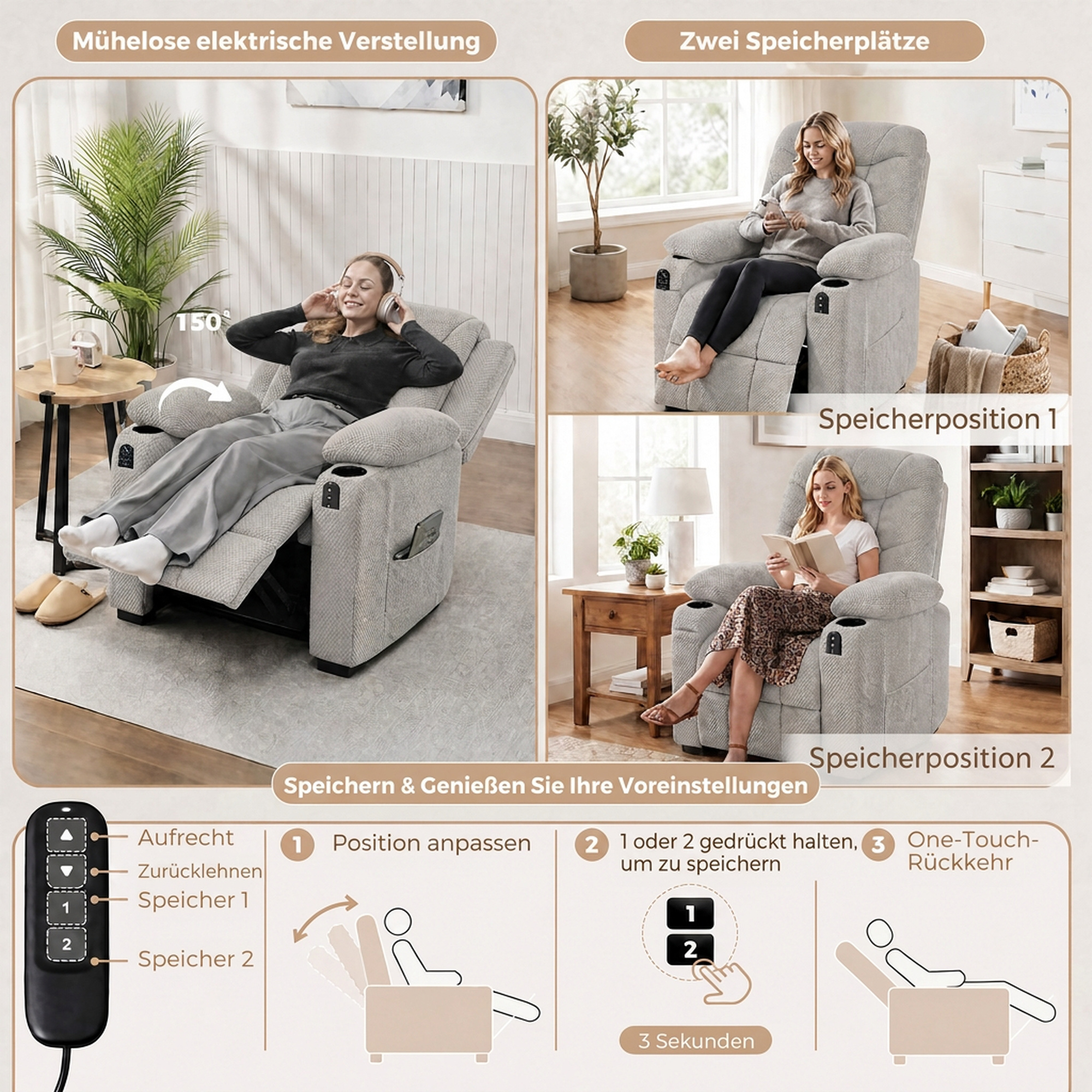 elektrischer Relaxsessel mit Massage & Wärme, leisem Motor und Memory-Funktion, Grau