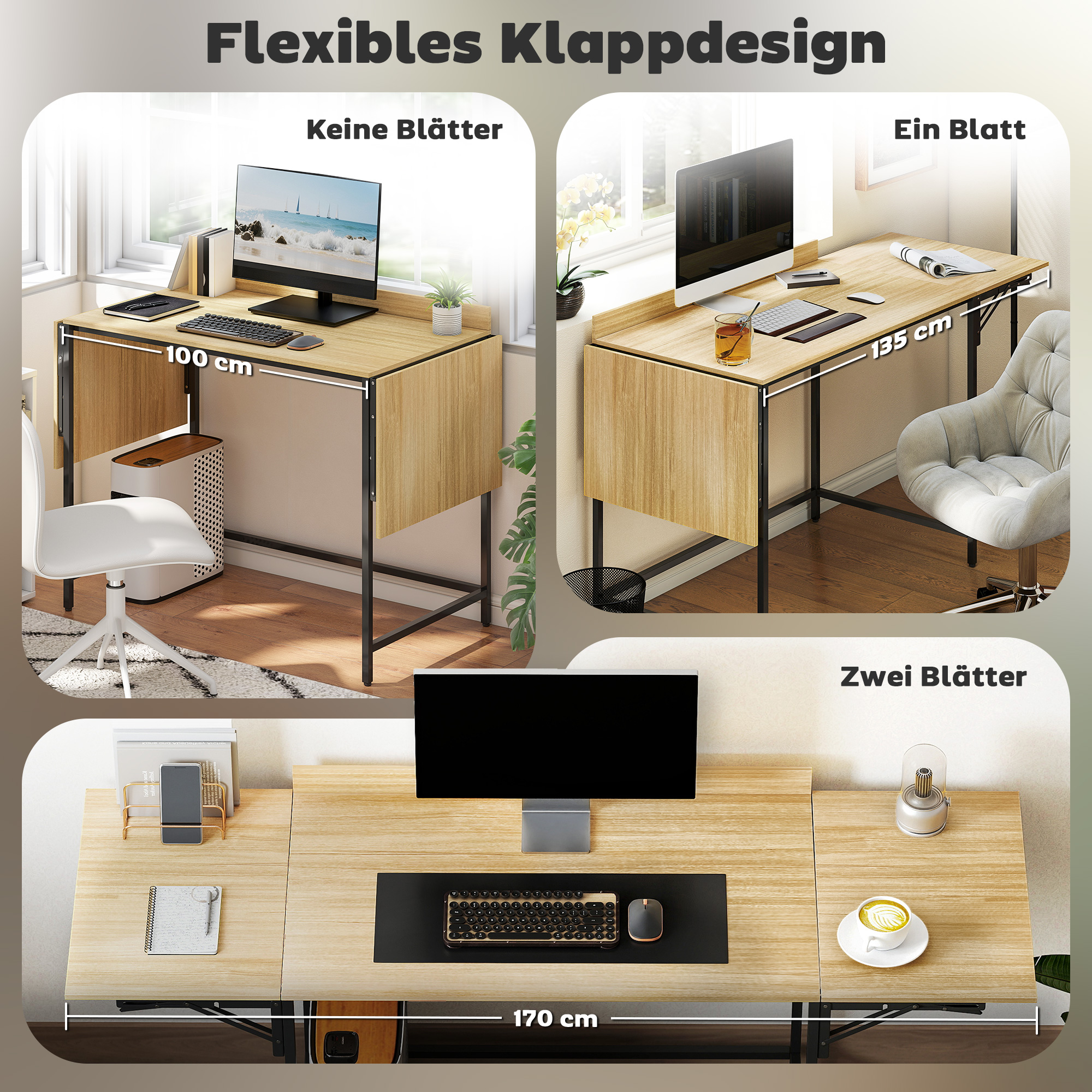 Klappbarer Computertisch mit 2 Ausziehplatten, viel Platz für Monitore, Metallbeine, robuste Konstruktion, Eiche+Schwarz