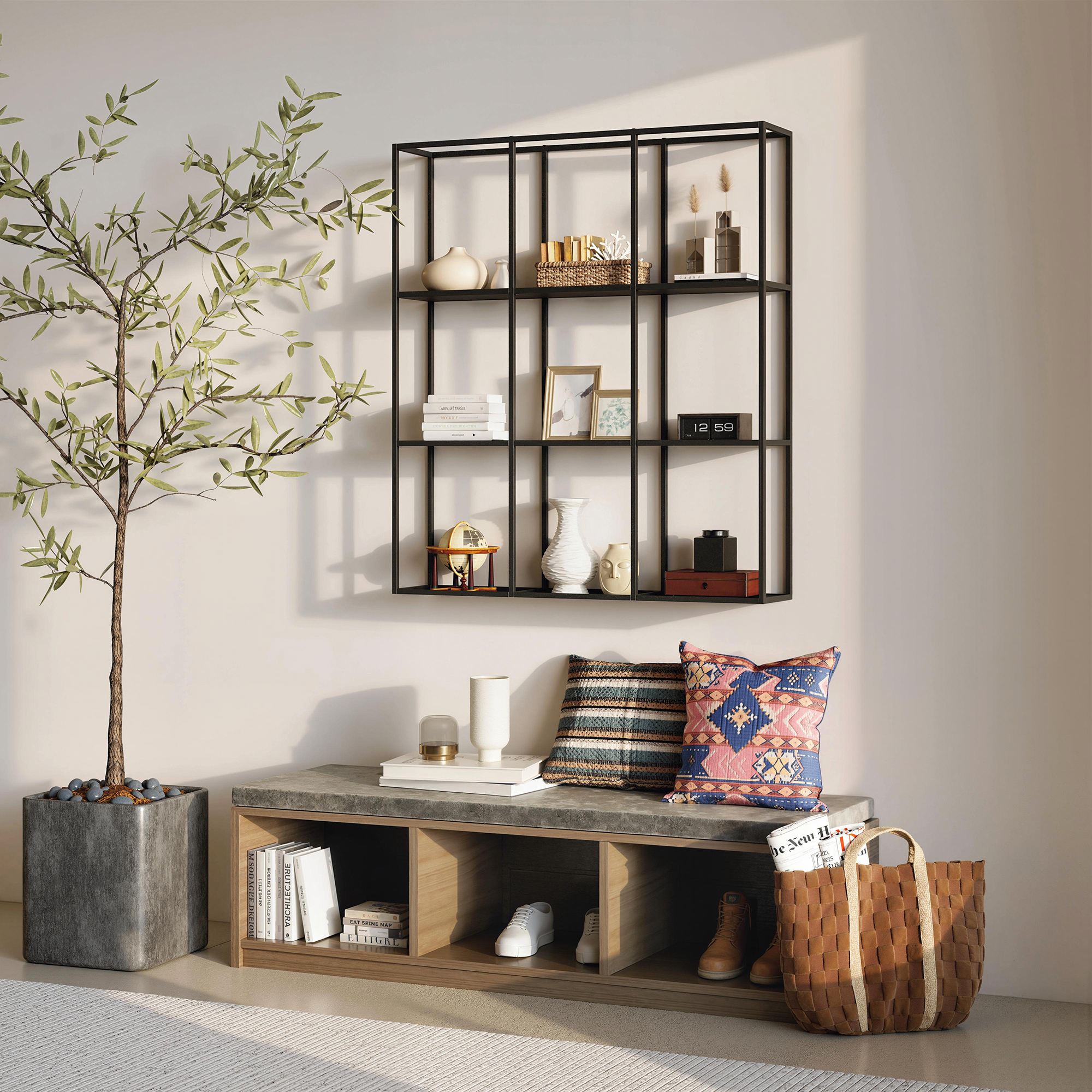 industrielles Wandregal mit 9 Fächern, Metallregal für Sammlerstücke, Ideal für Wohnkultur, Schwarz
