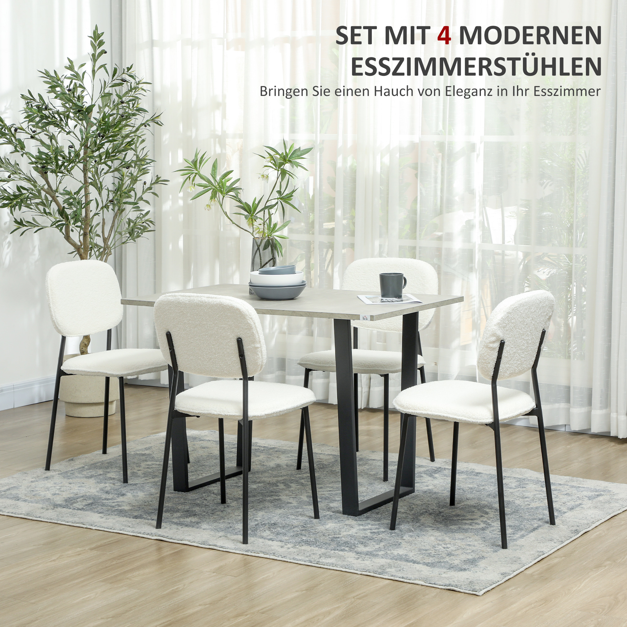 4er-Set Esszimmerstühle, weicher Stoffbezug, Stahlbeine, armloses Design, Weiß