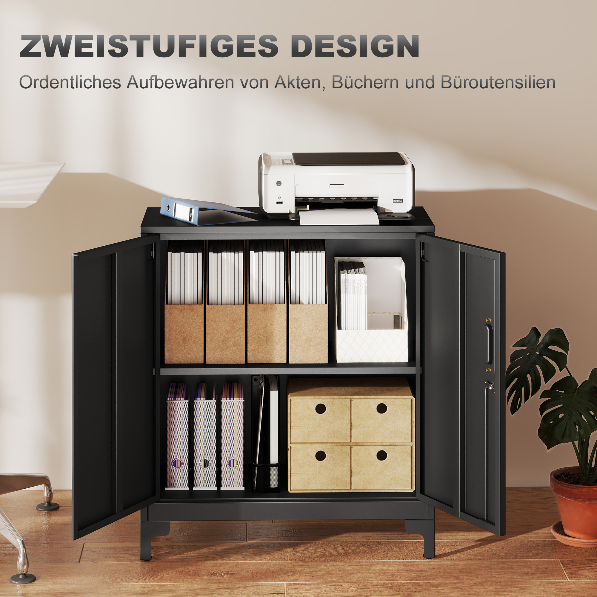Büroschrank aus Metall, verschließbare Türen, Bürokommode, 2-stufiges Design, Schwarz