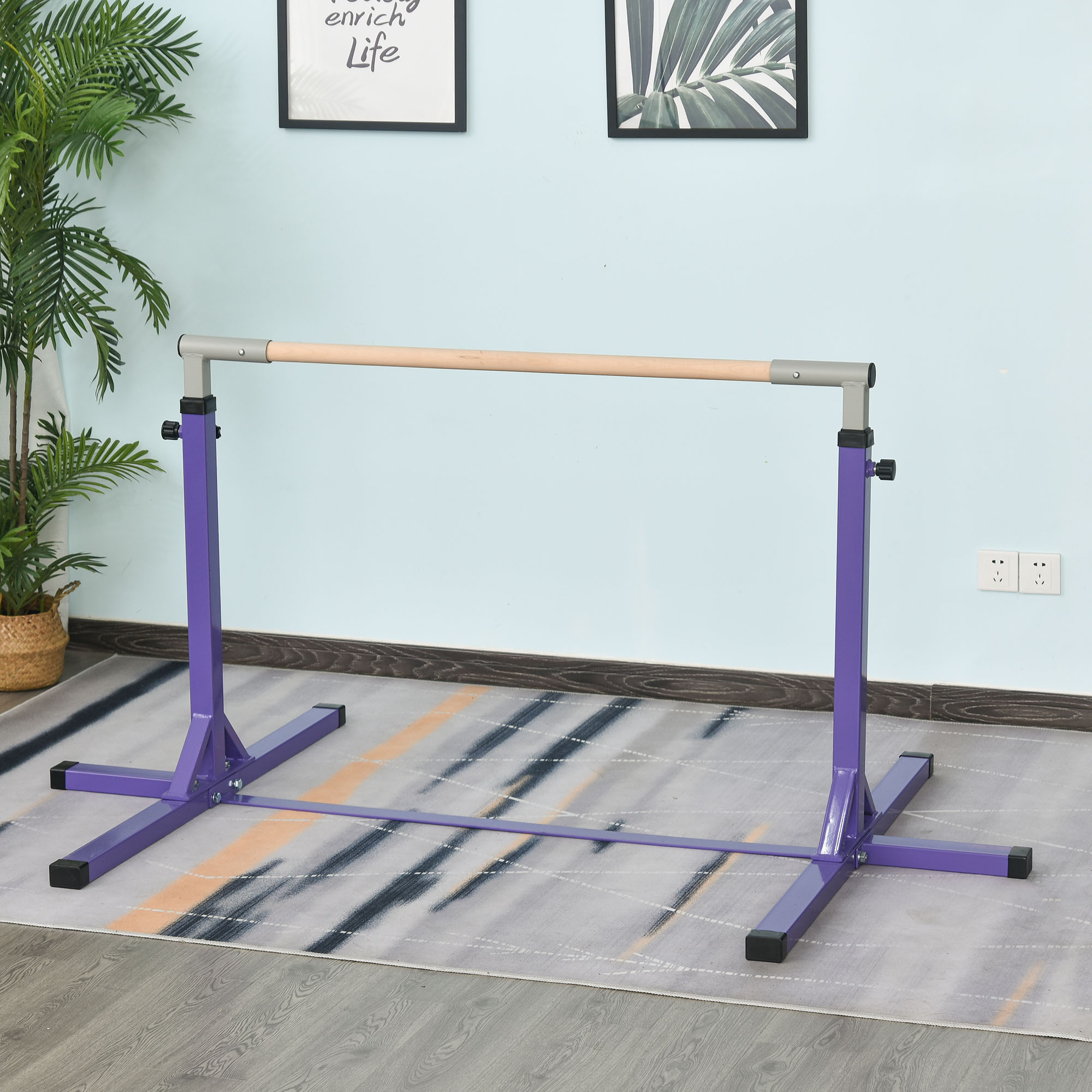 Gymnastik-Turnreck, Reckstange, 13-stufig höhenverstellbar, bis 75 kg belastbar, Stahl, Buchenholz, Lila