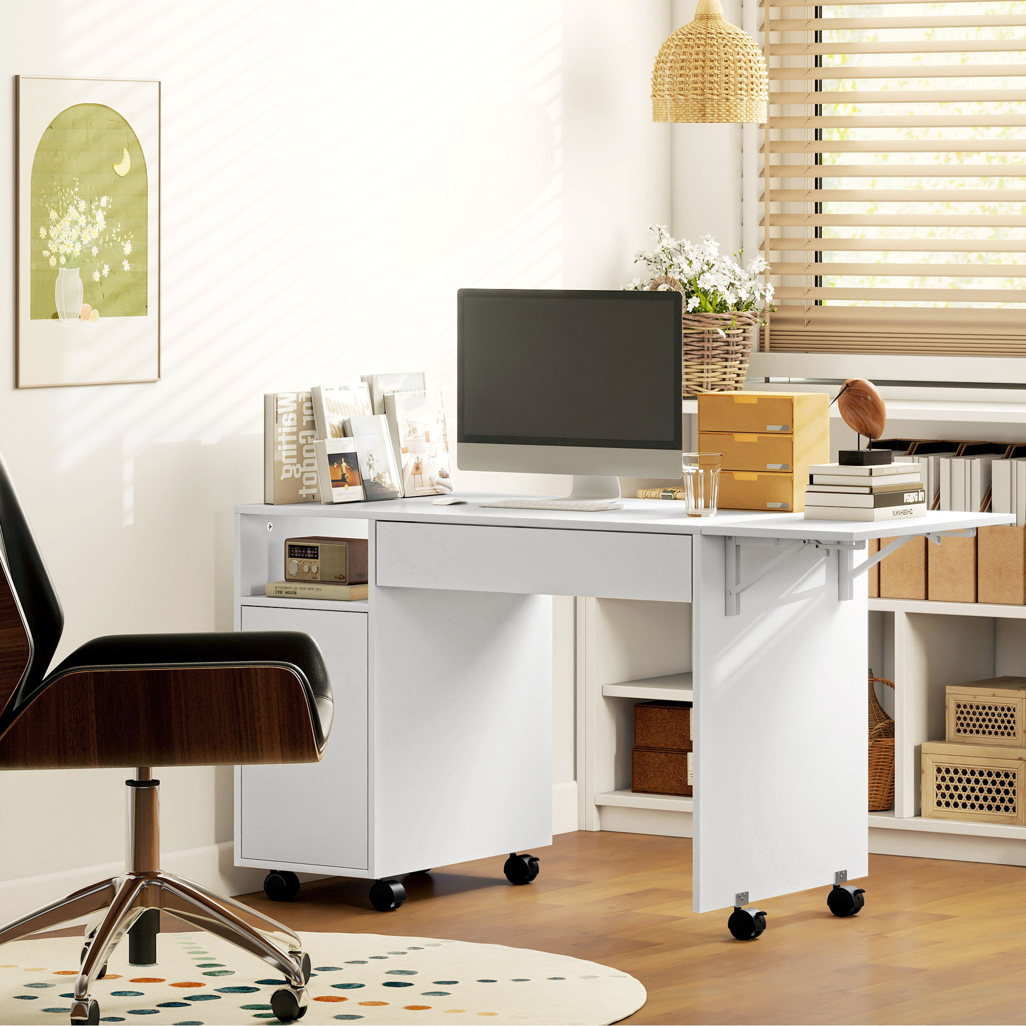 Rollbarer Computertisch, klappbarer Schreibtisch mit Schrank und Schublade, Spanplatte, Weiß