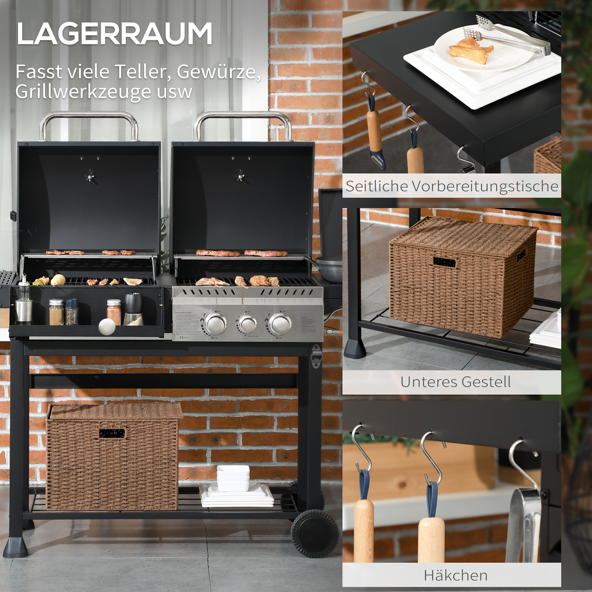 Gasgrill BBQ-Grill, inkl. Thermometer, Warmhalteplatten, 161 x 54 x 103 cm, Schwarz + Silber