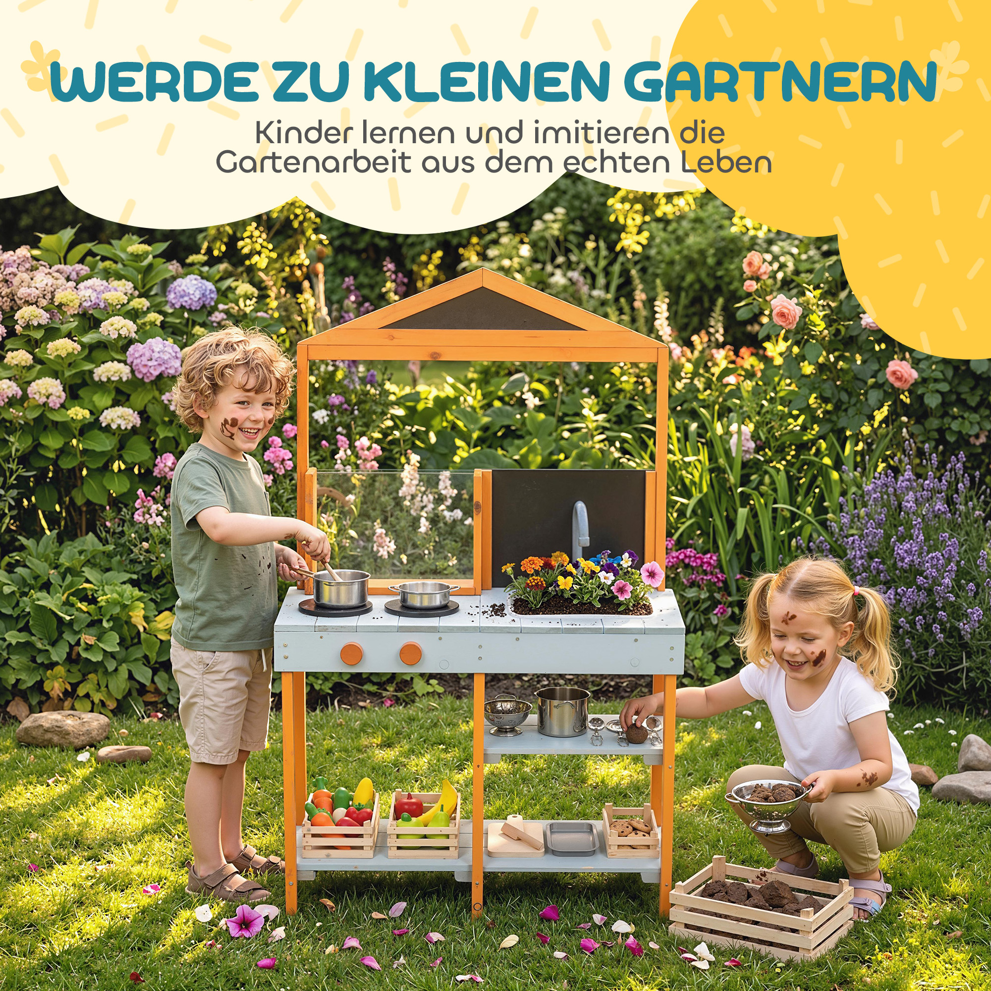 Matschküche Kinder Outdoor Spielküche Holz mit Herd Abnehmbarer Spüle Regalen für Kinder von 3-8 Jahren, Hellblau