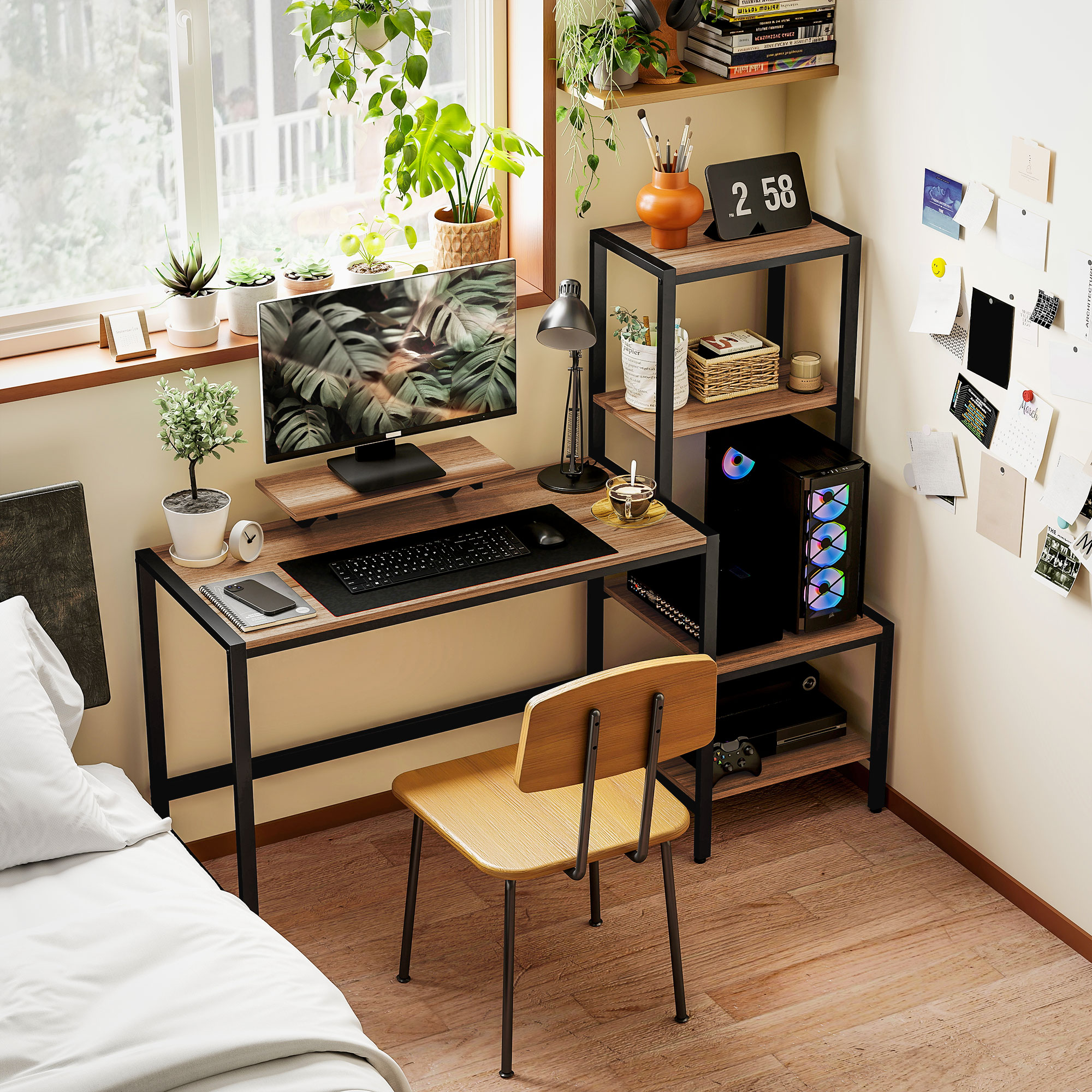 Computertisch mit Monitorständer, Schreibtisch mit 4-stufigem Regal, Industrielles Design, Braun