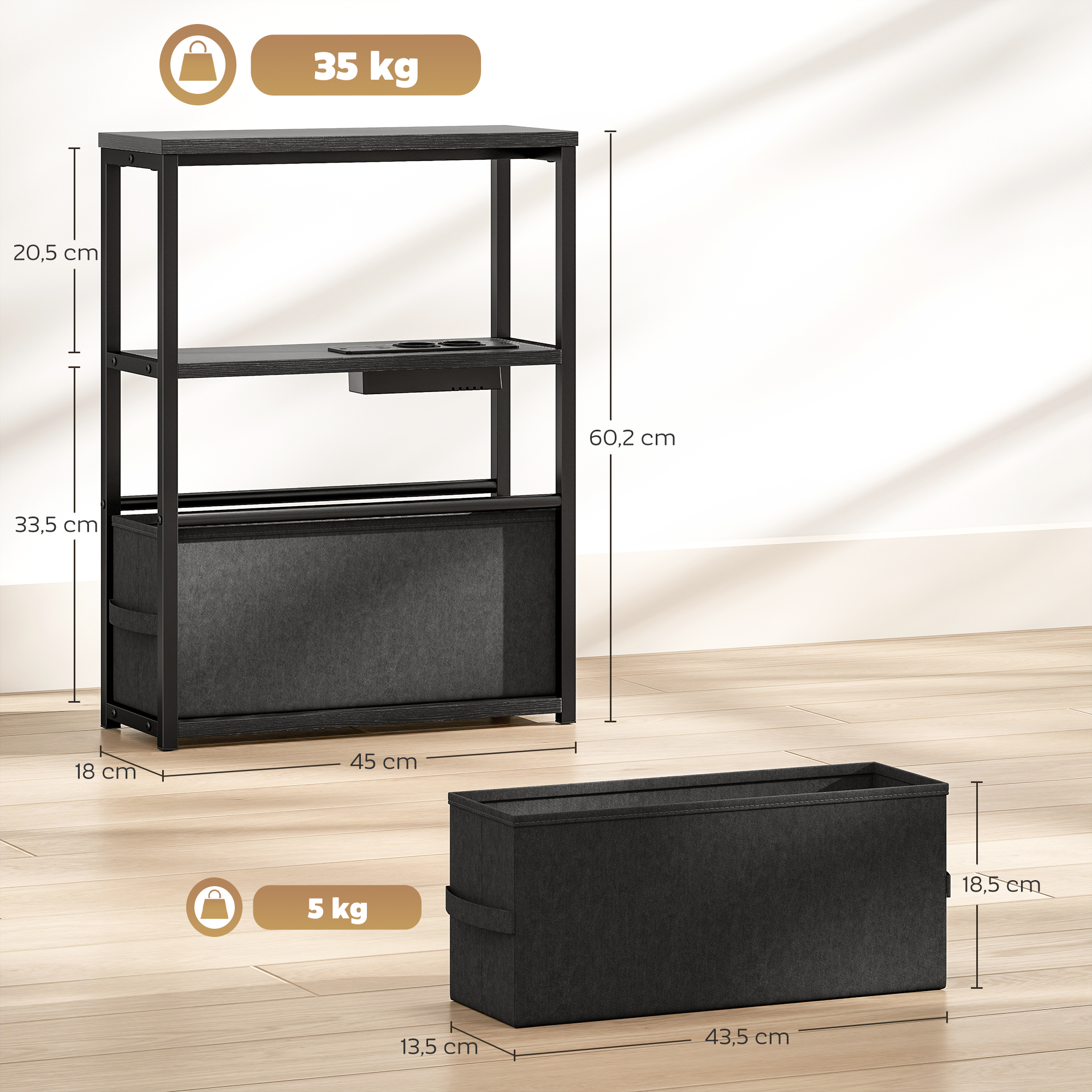 Beistelltisch Sofatisch mit Steckdosenleiste, Ablage, für Kleine Räume, 45x18x60,2cm, Schwarz