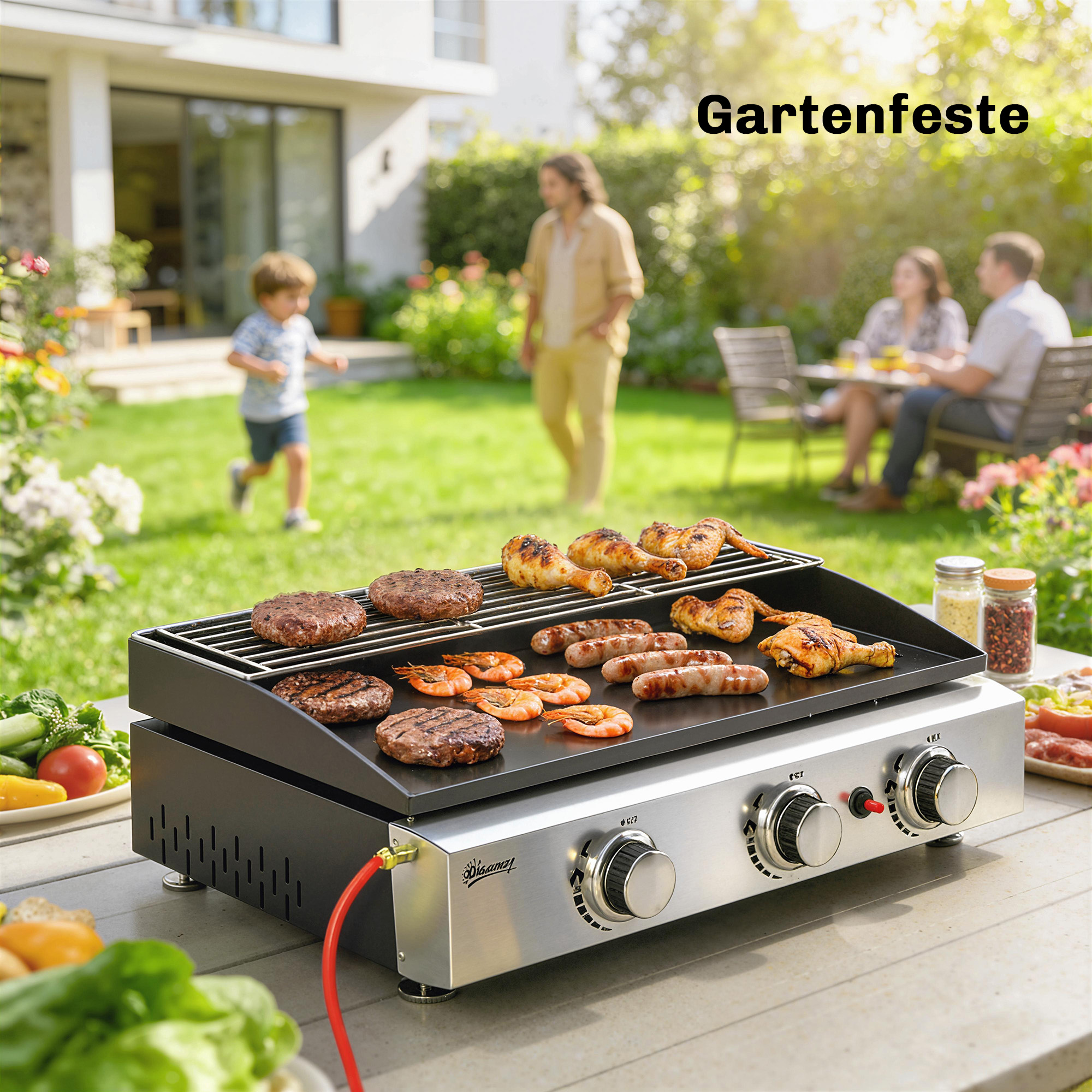 Gasgrill 7,5 KW Tragbarer Tischgrill mit 3 Brenner Keramische Lackbeschichtung Grillrost Warmhalterost