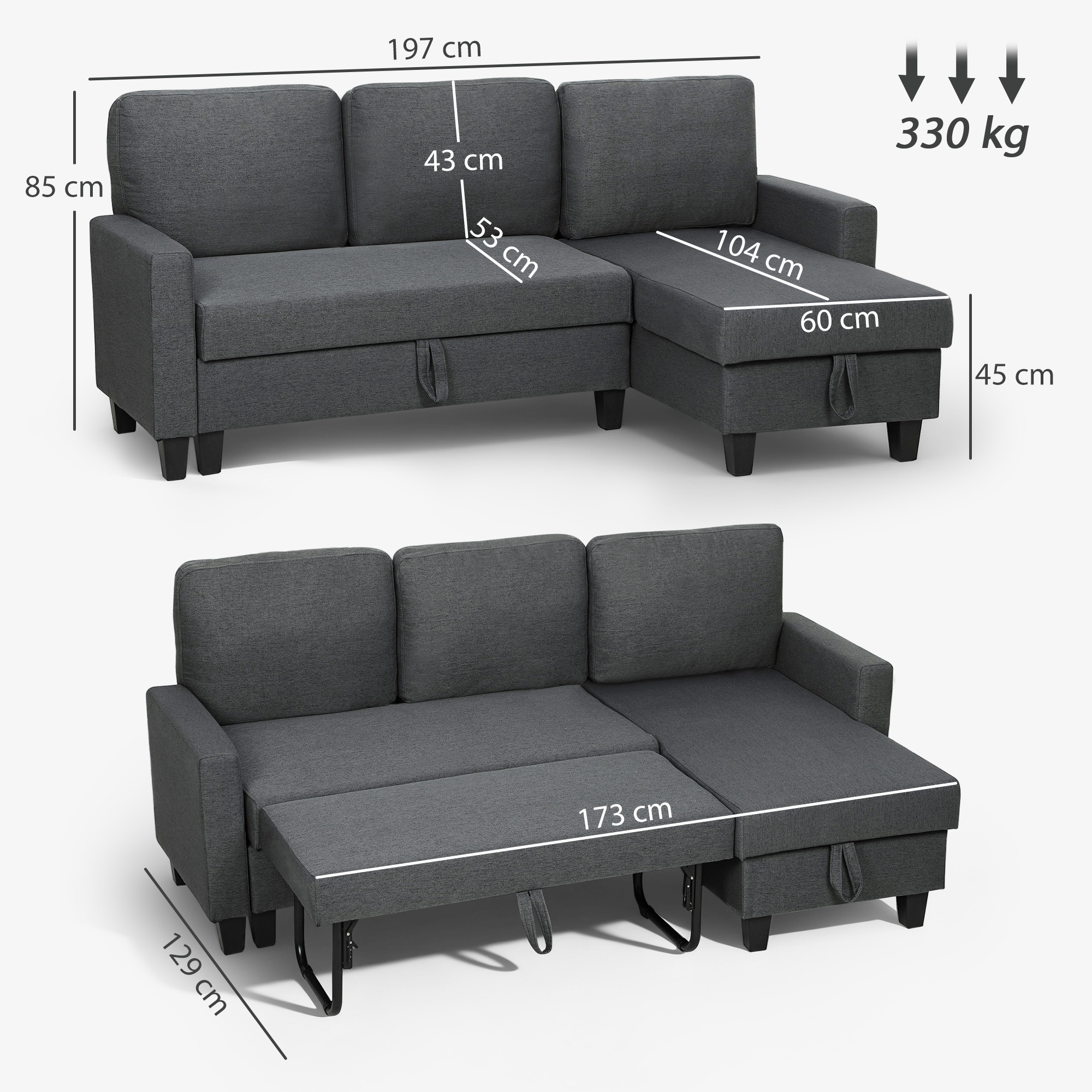 Ecksofa mit Schlaffunktion und Bettkasten L-Form Schlafsofa mit Verwandelbarer Chaiselongue, für Wohnung und Wohnzimmer
