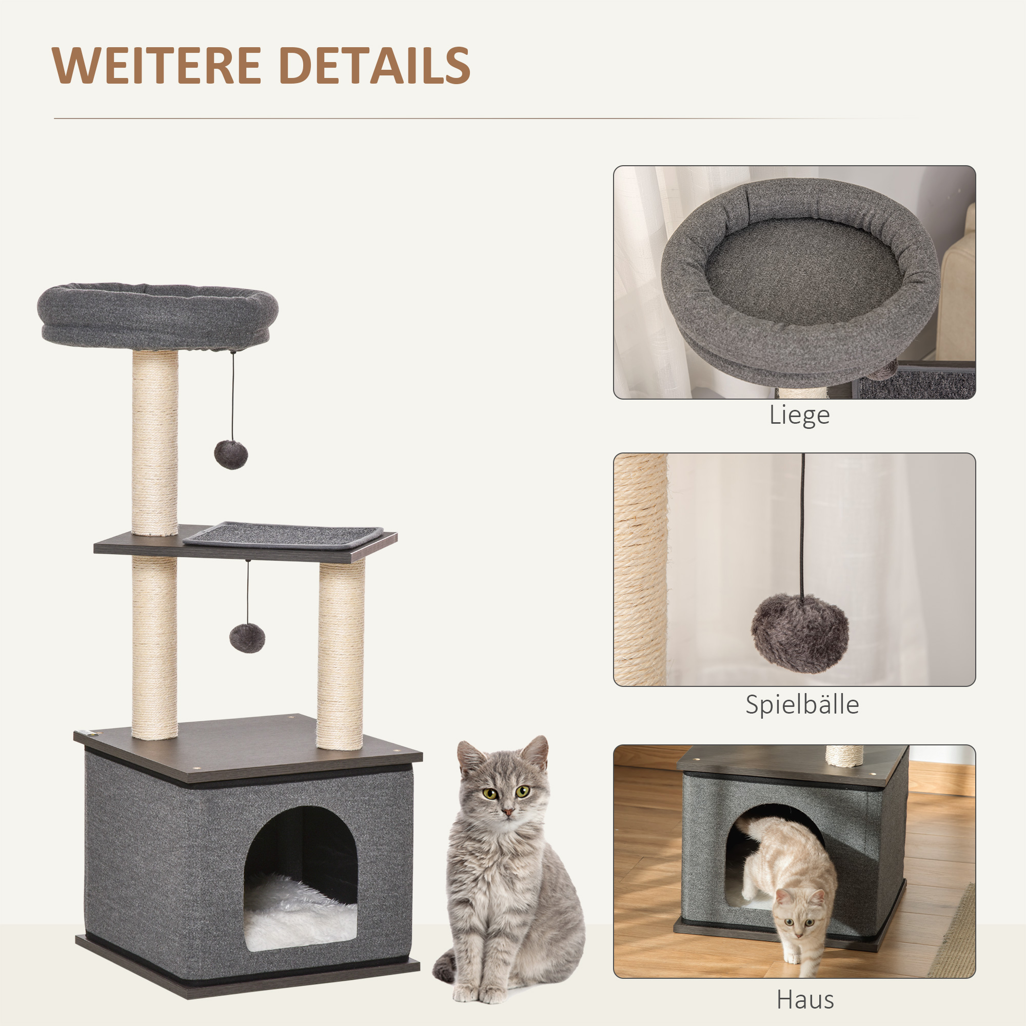 Katzenkratzbaum Katzenspielzeug Kletterbaum Spielmöglichkeiten Spielsisal Spielseil PB-Platte Sisal Dunkelgrau 40 x 40 x 104 cm