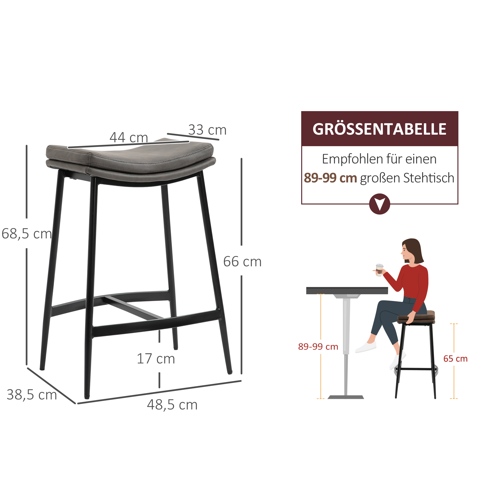 2er-Set Barhocker, Polstersitze, Stahlgestell, 120 kg Belastbarkeit, Grau