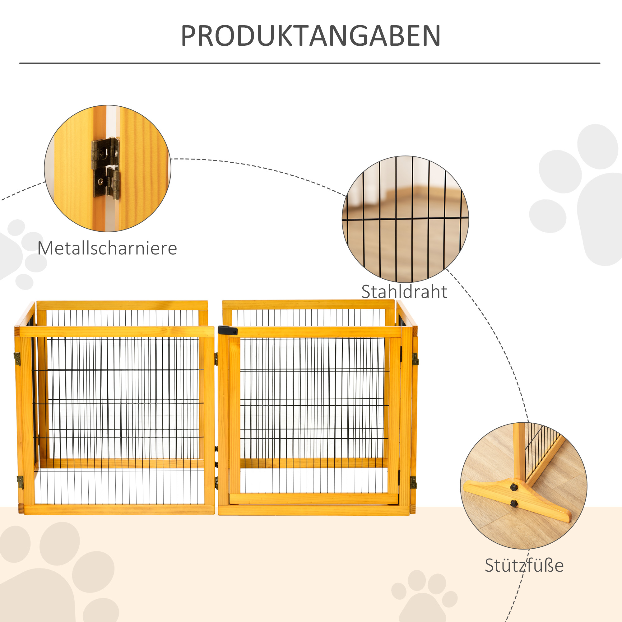 Absperrgitter für Hunde, klappbar, 432 x 36 x 70 cm, Kiefernholz, Gelb